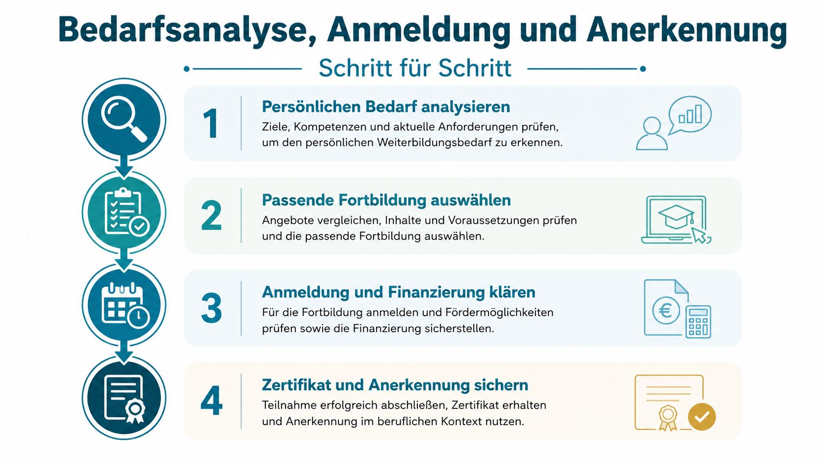 Eine Infografik mit vier Schritten zur Bedarfsanalyse, Anmeldung und Anerkennung für berufliche Fortbildungen.