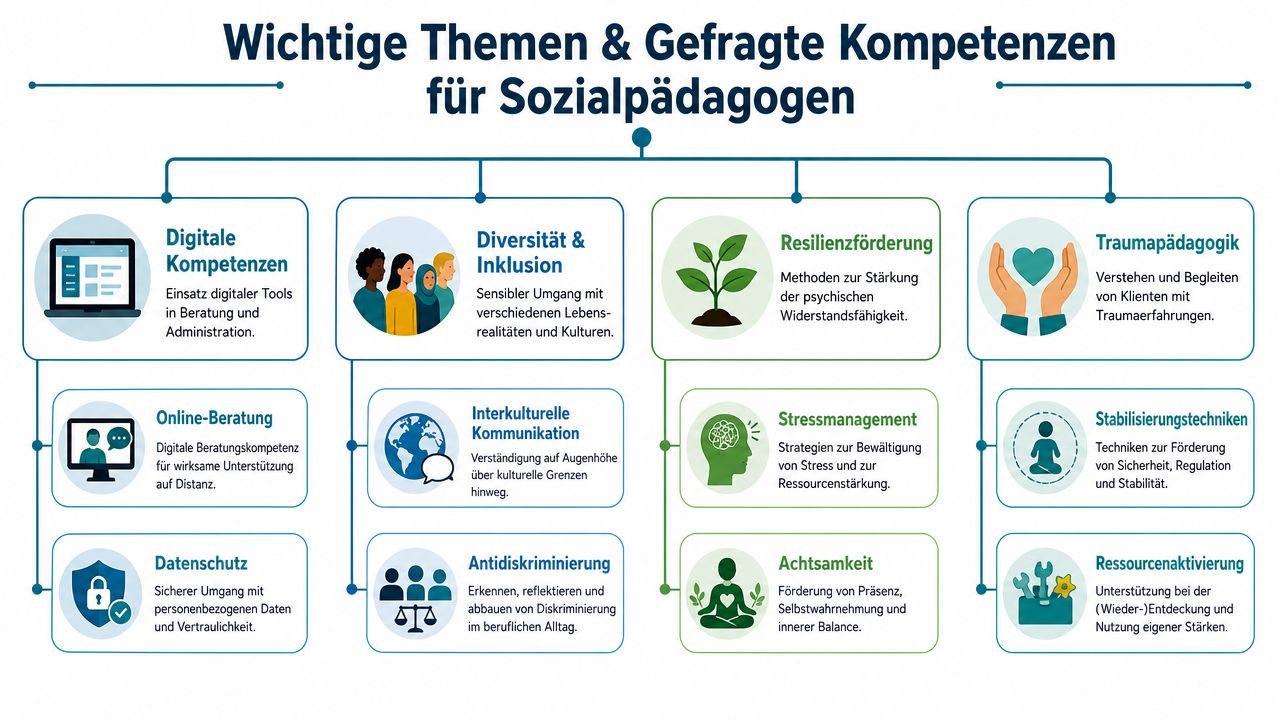 Übersicht zu wichtigen Themen und gefragten Kompetenzen für Sozialpädagogen, dargestellt als strukturiertes Diagramm mit verschiedenen pädagogischen Schwerpunkten.