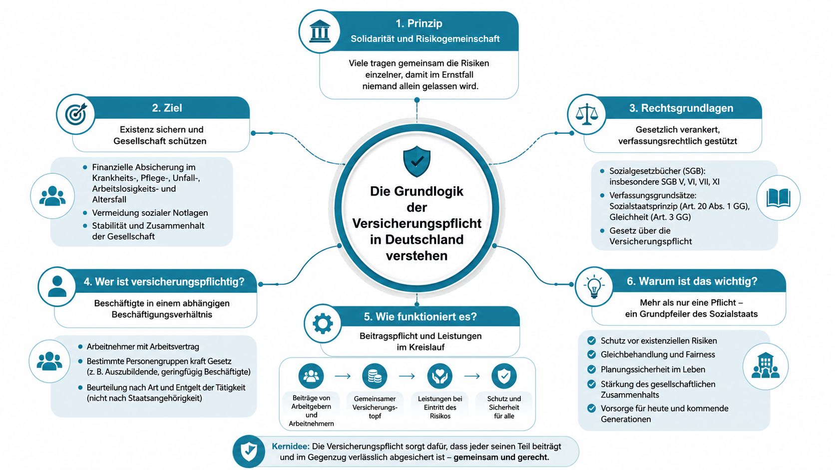 Eine Infografik zur Grundlogik der Versicherungspflicht in Deutschland mit sechs zentralen Prinzipien und Erklärungen.
