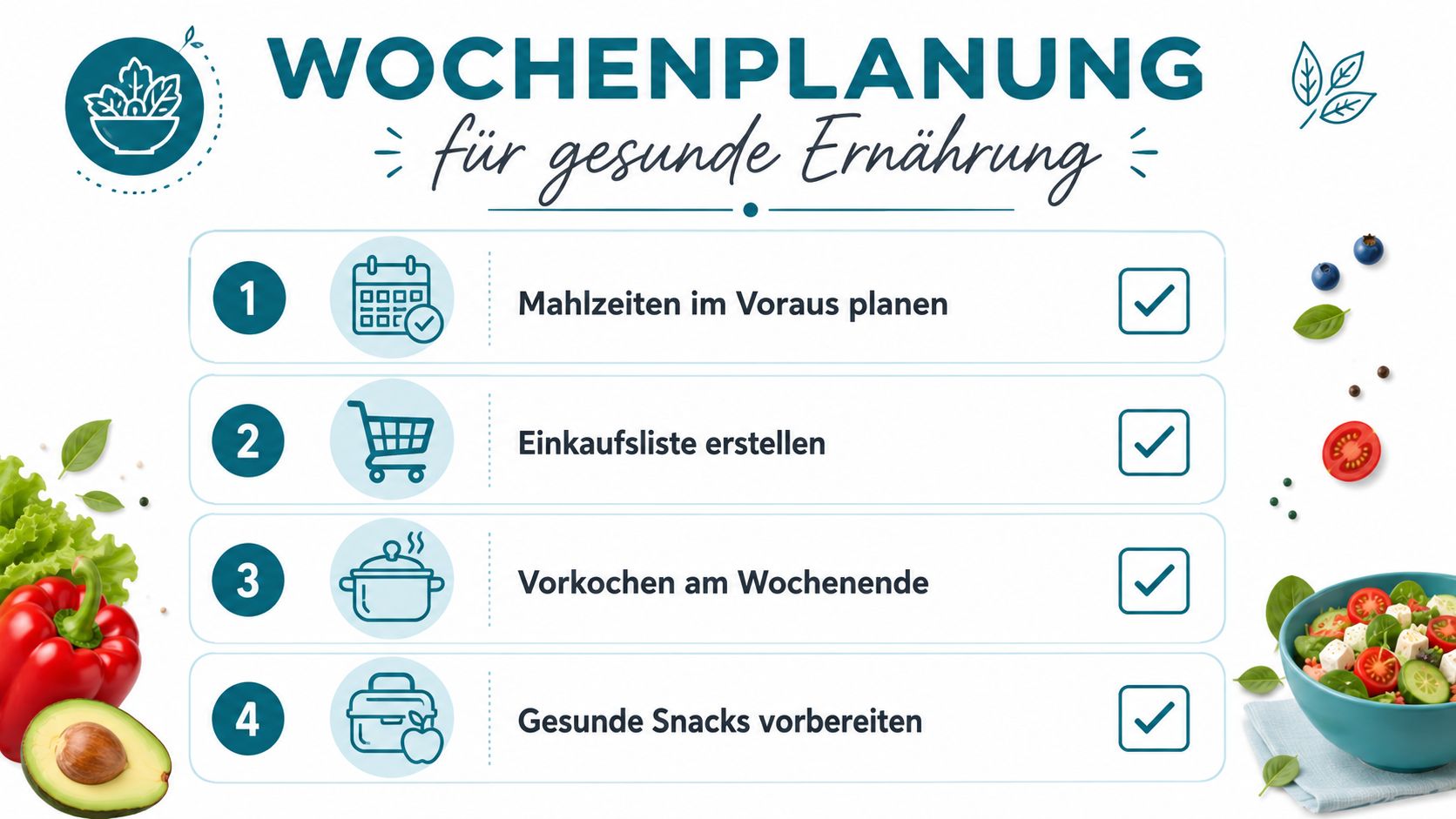 Eine Infografik mit vier Tipps zur Wochenplanung für eine gesunde Ernährung und Mahlzeitenvorbereitung.