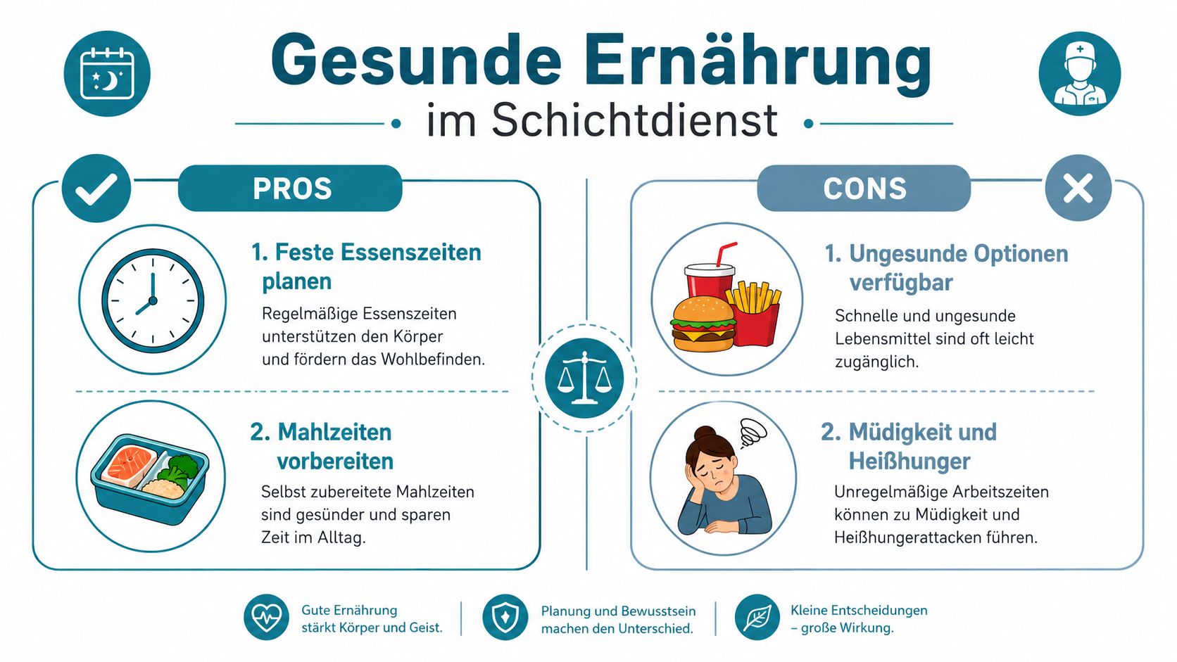 Infografik zur gesunden Ernährung während des Schichtdienstes mit Tipps zu Essenszeiten, Essensvorbereitung, Heißhunger und gesunden Optionen.