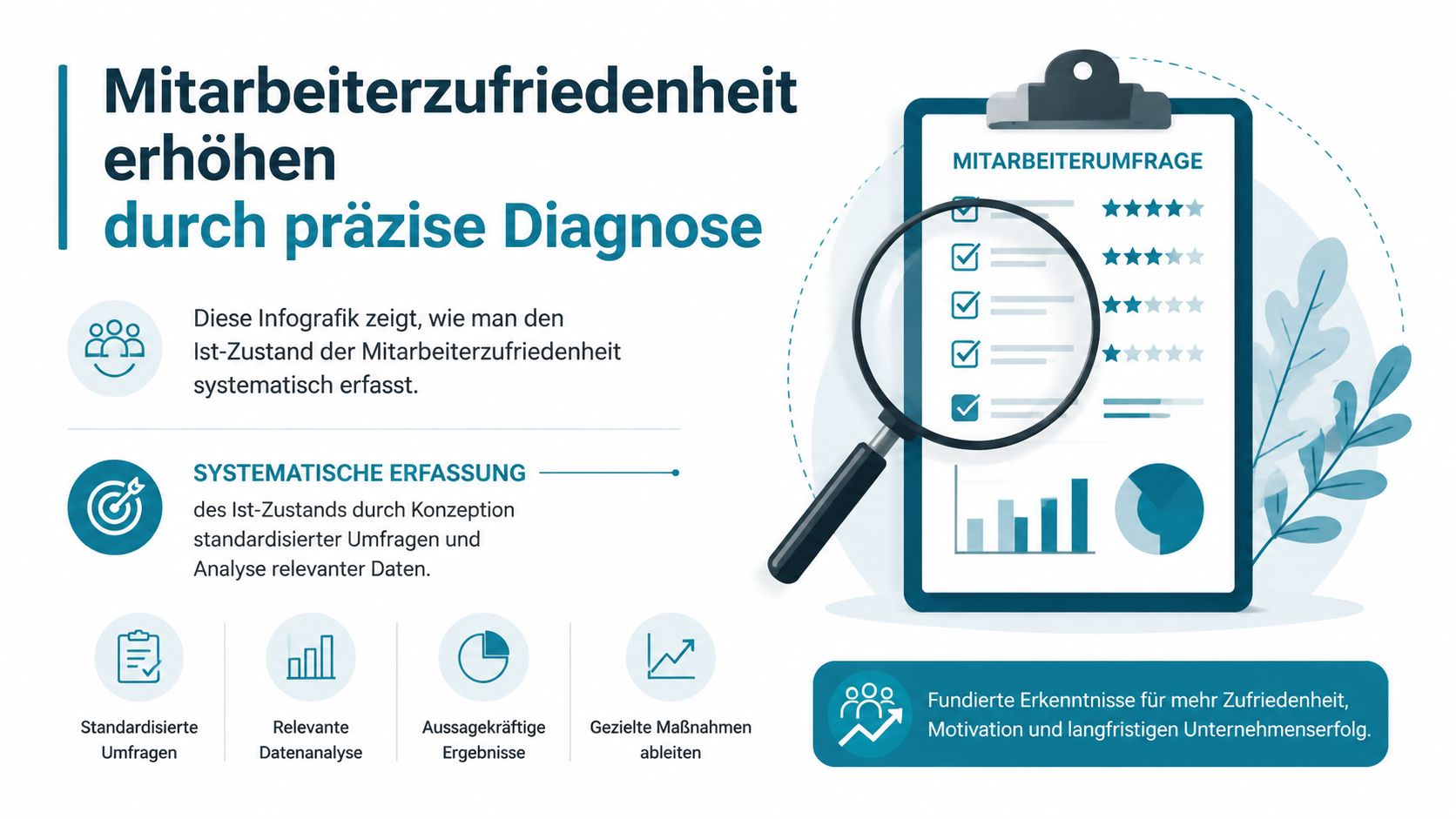 Infografik zur systematischen Steigerung der Mitarbeiterzufriedenheit durch präzise Umfragen und fundierte Datenanalyse im Unternehmen.