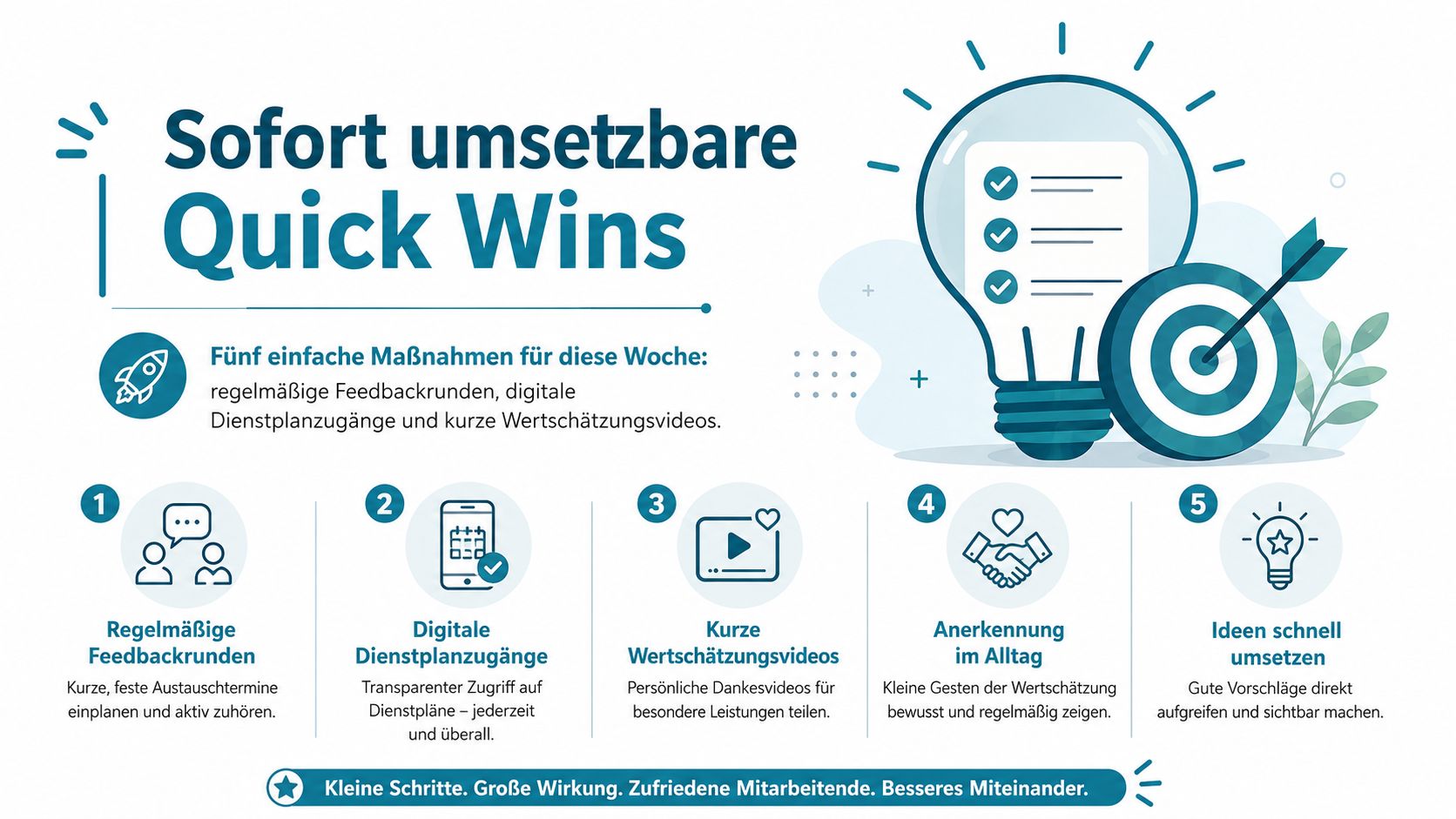 Grafik mit fünf schnellen Maßnahmen zur Steigerung der Mitarbeiterzufriedenheit durch Feedback, digitale Planung und gelebte Wertschätzung am Arbeitsplatz.