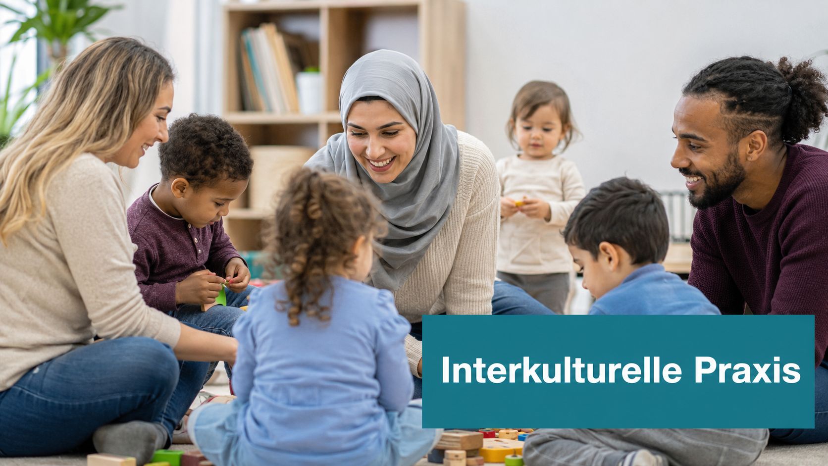 Eine vielfältige Gruppe von Kindern und Erwachsenen sitzt zusammen auf dem Boden und spielt gemeinsam mit Bauklötzen.