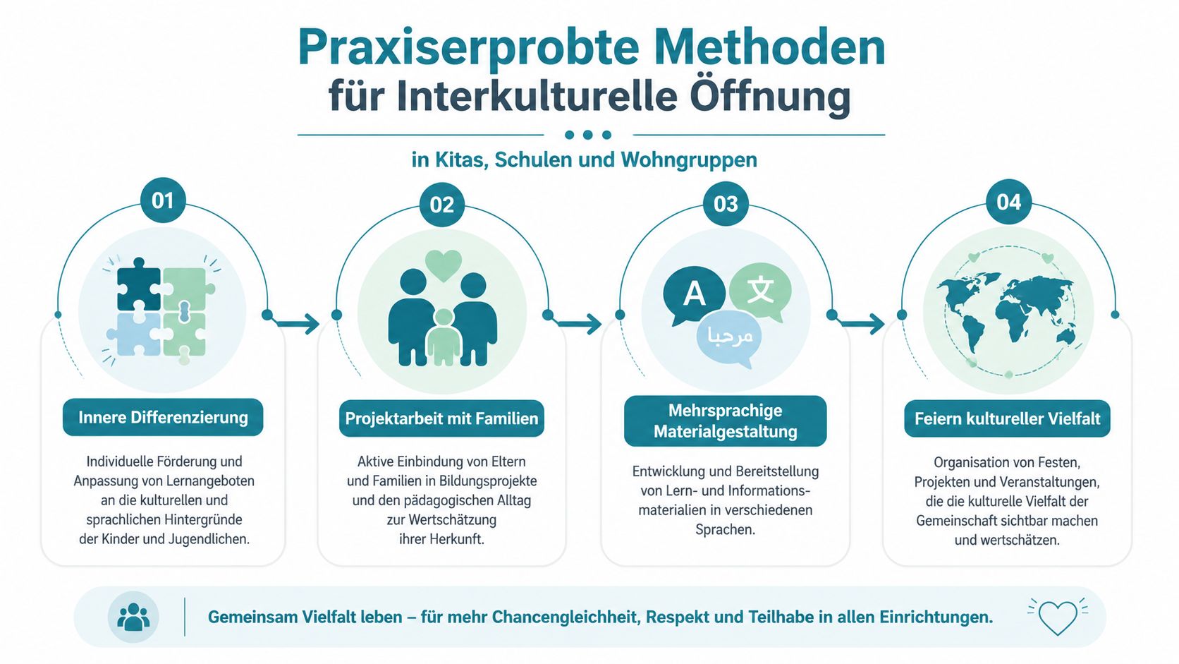 Infografik über praxiserprobte Methoden zur interkulturellen Öffnung in Kitas, Schulen und Wohngruppen zur Förderung von Chancengleichheit.