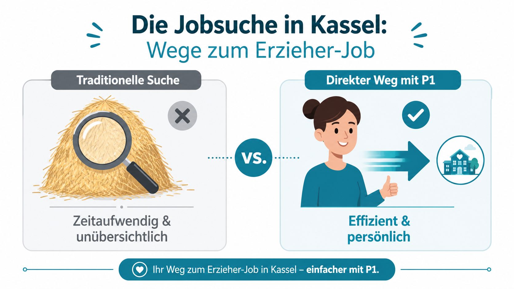 Grafik vergleicht traditionelle, umständliche Jobsuche mit dem effizienten und direkten Weg zur Erzieherstelle bei P1 in Kassel.