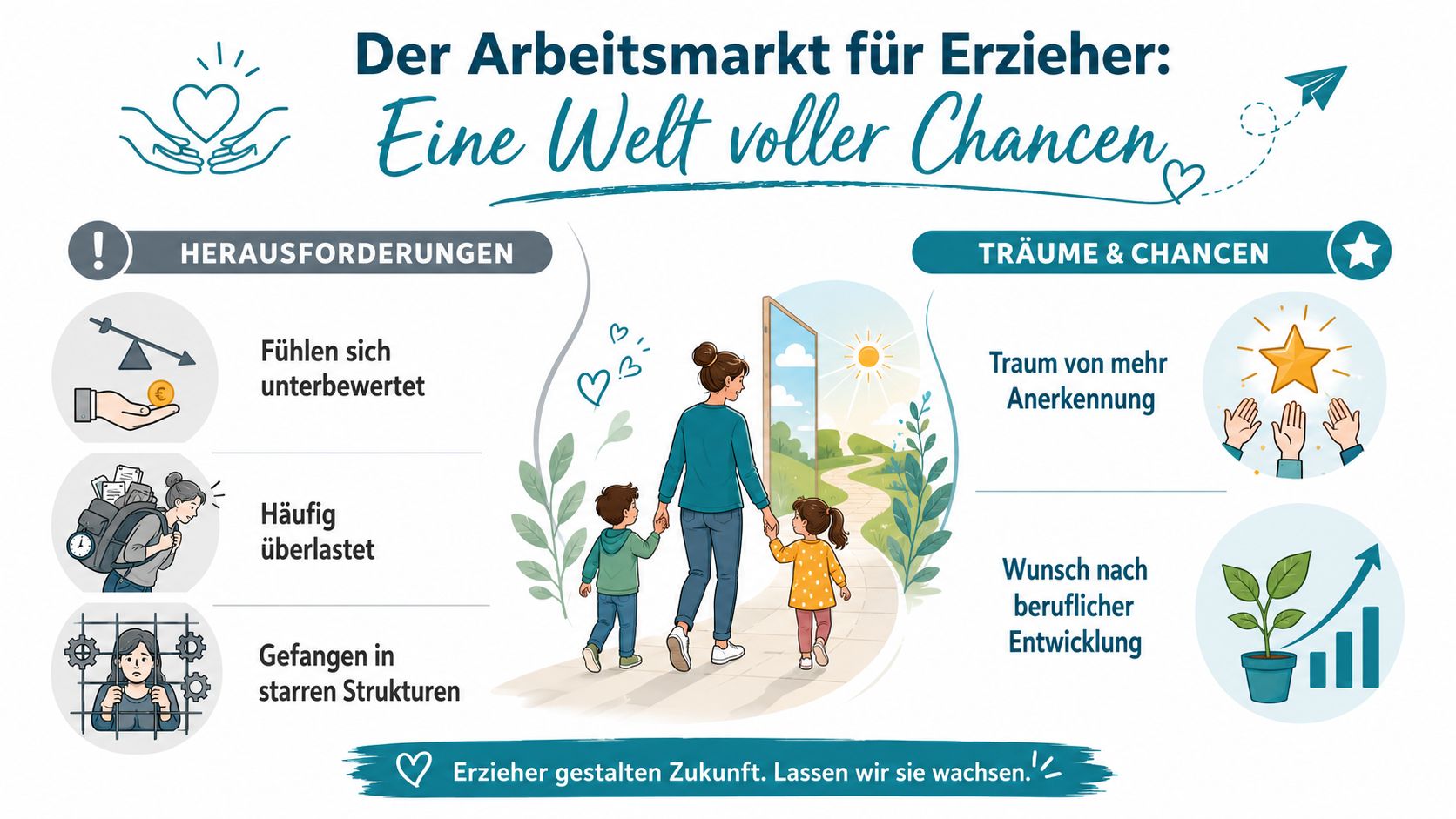 Eine grafische Darstellung der Herausforderungen und Zukunftschancen für Erzieher im aktuellen Arbeitsmarkt.