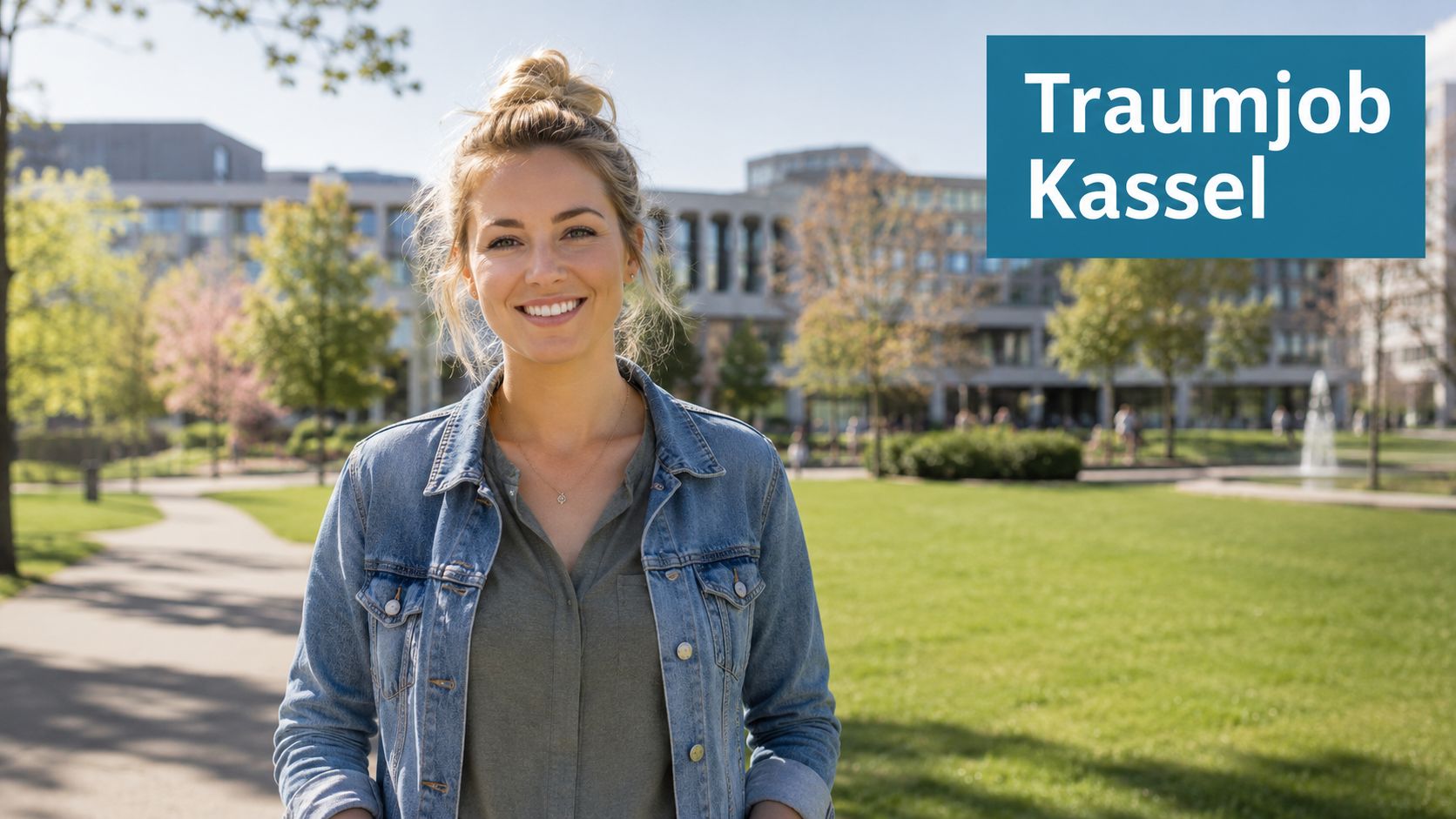 Eine lächelnde Frau steht vor einem modernen Bürogebäude in einer grünen Parkanlage im sonnigen Kassel.