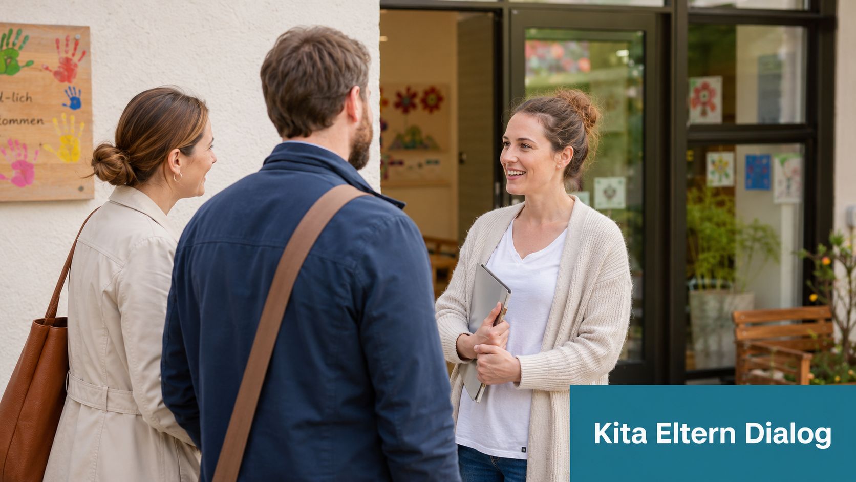 Ein Paar führt ein Gespräch mit einer Erzieherin vor dem Eingang einer Kindertagesstätte bei einem Elterngespräch.