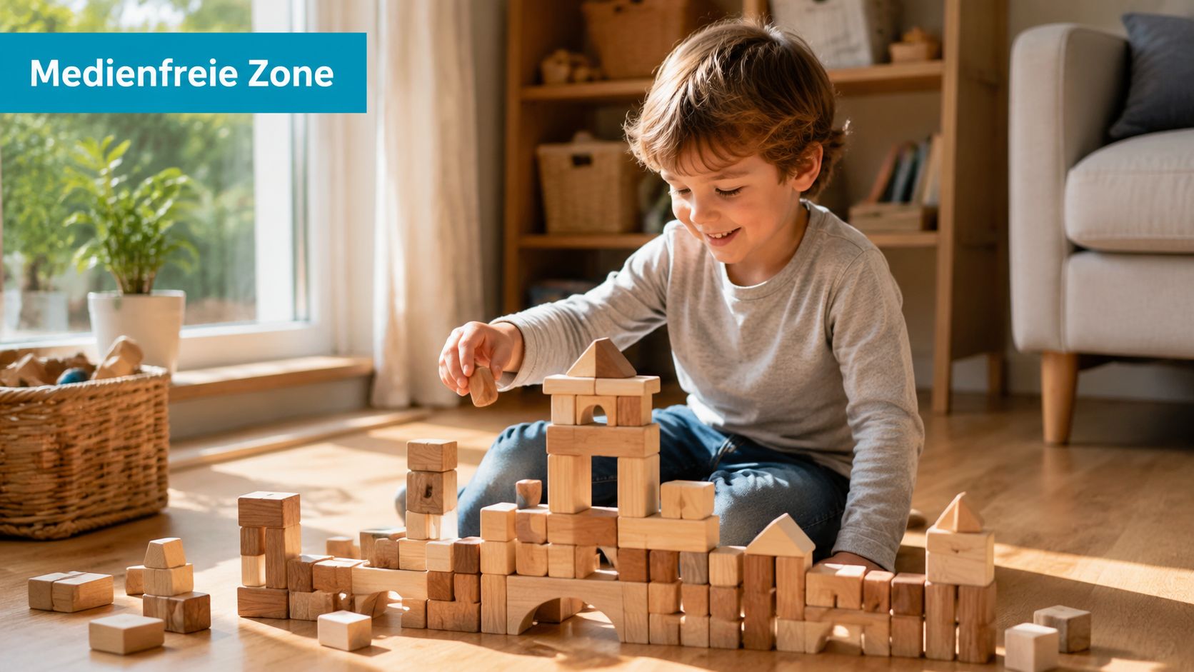 Ein kleiner Junge spielt glücklich mit Holzbauklötzen auf dem Boden in einer medienfreien Zone zu Hause.