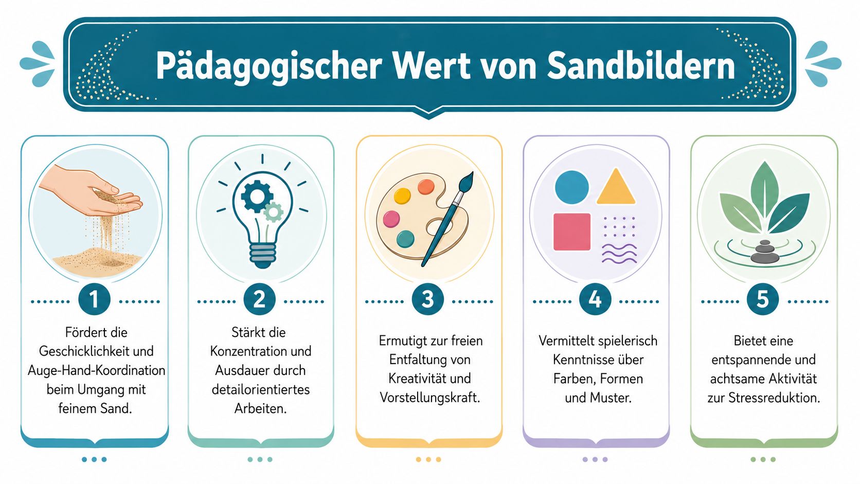 Eine Infografik über den pädagogischen Wert von Sandbildern, dargestellt durch fünf nummerierte Punkte mit erläuternden Icons.