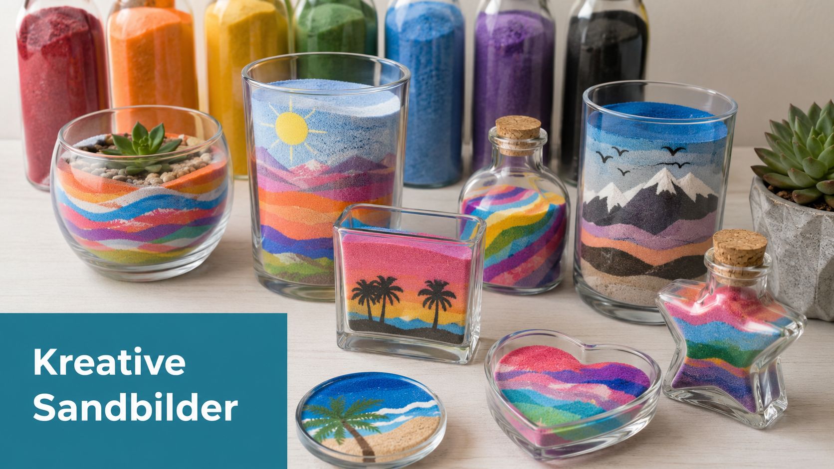 Verschiedene Glasbehälter mit farbenfrohen, kunstvoll geschichteten Sandbildern und Sukkulenten stehen auf einem hellen Holztisch.