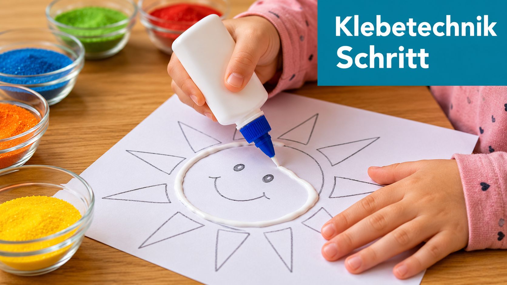 Ein Kind trägt mit einer Klebeflasche Leim auf eine Zeichnung für ein Sandbild auf.