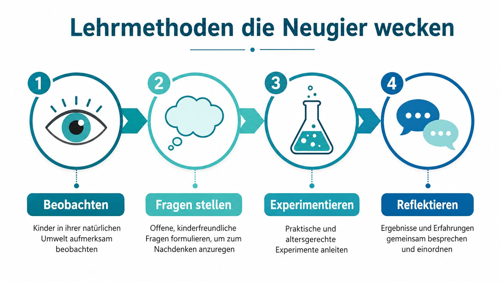 Eine Infografik zur Veranschaulichung von Lehrmethoden, die die Neugier von Kindern durch Beobachten, Fragen, Experimentieren und Reflektieren wecken.