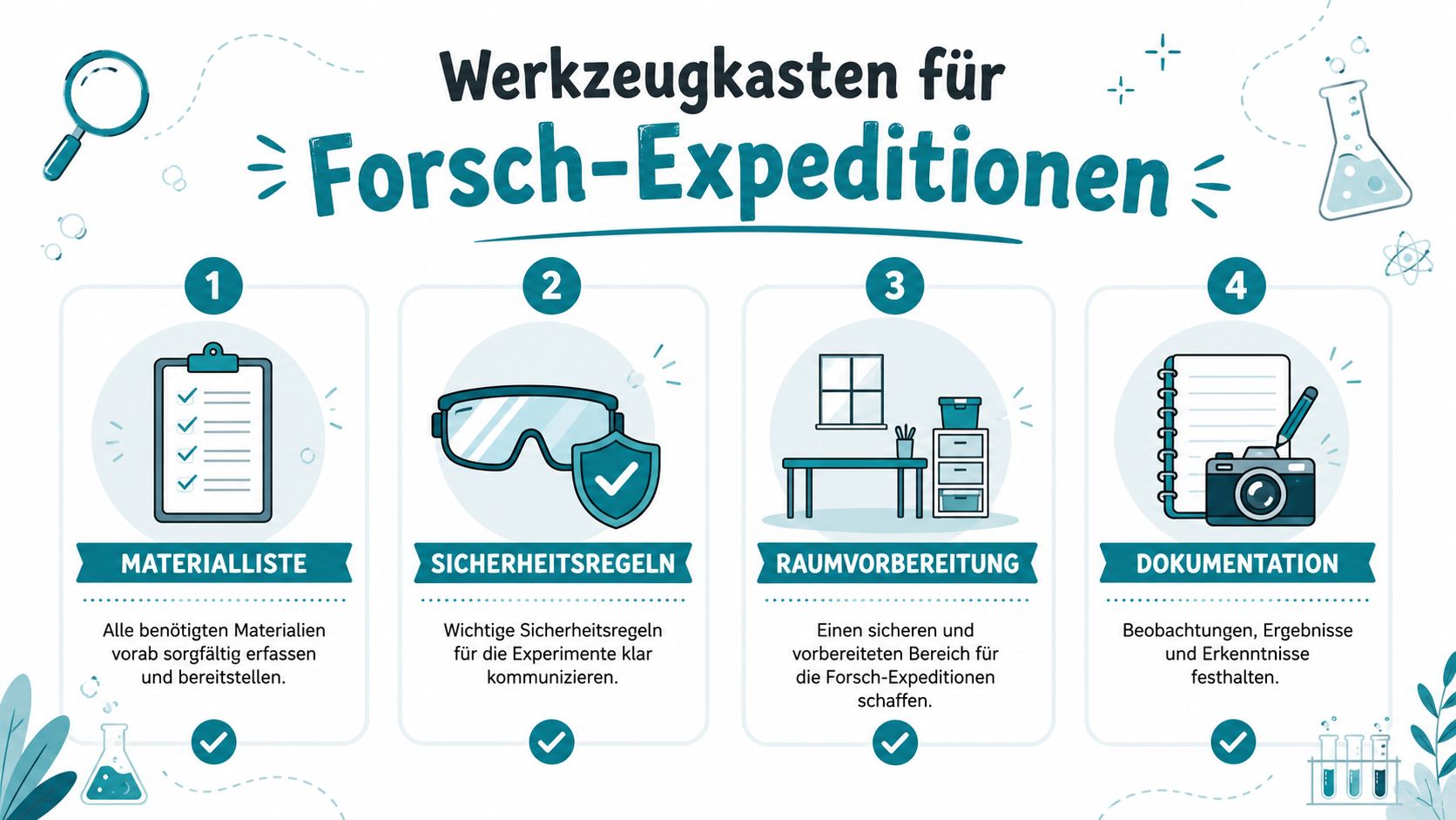 Eine Infografik mit vier Schritten für eine erfolgreiche naturwissenschaftliche Forschungs-Expedition mit Kindern.