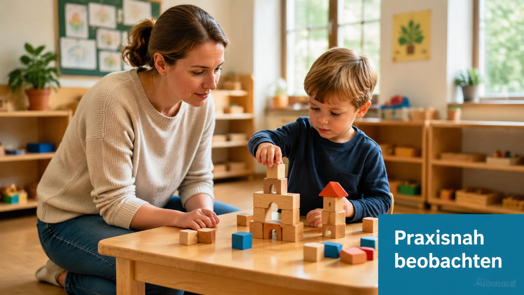 Eine Erzieherin beobachtet aufmerksam einen kleinen Jungen, der konzentriert mit Holzbausteinen an einem Tisch spielt.