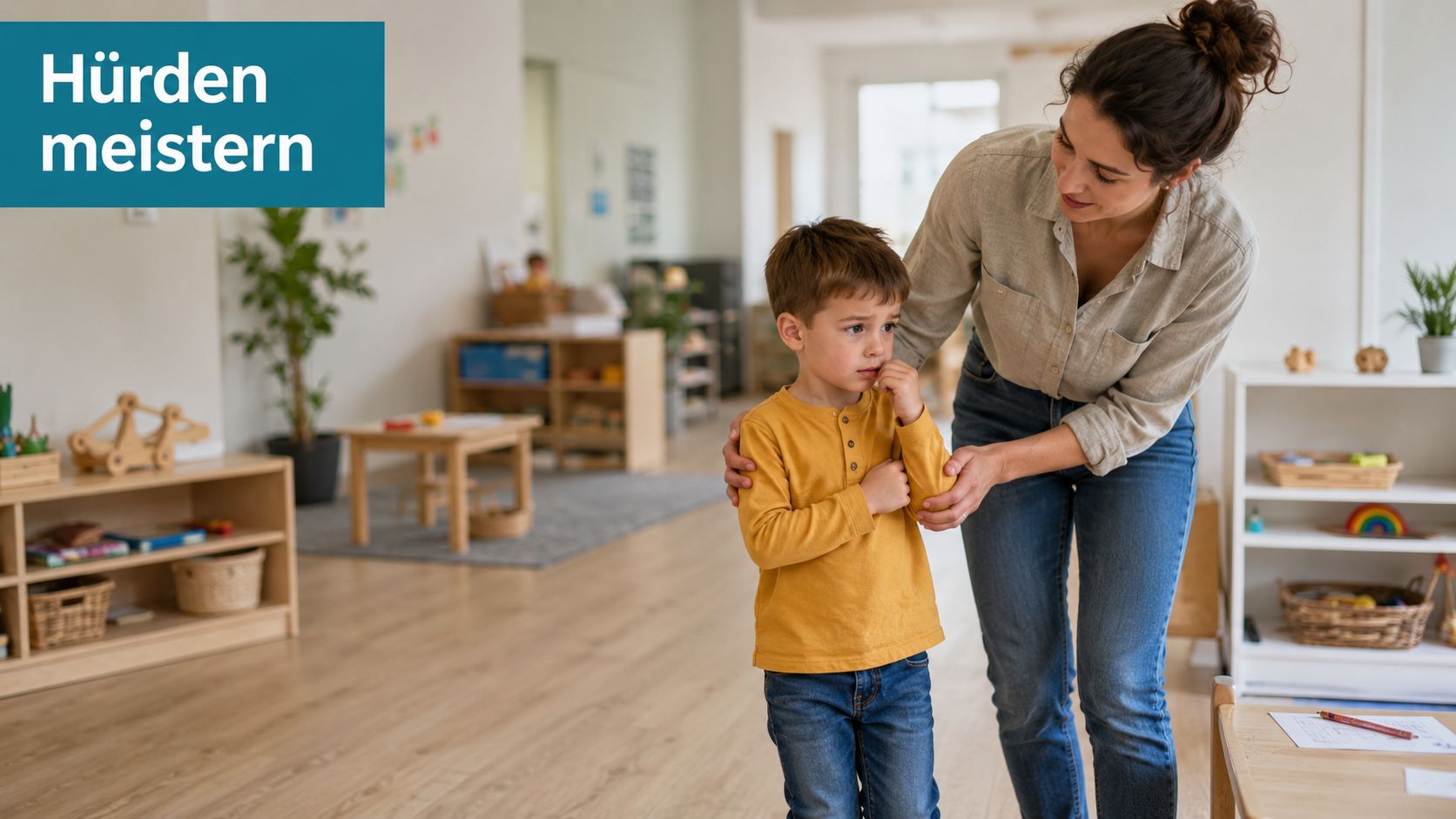 Eine liebevolle Erzieherin unterstützt ein schüchternes Kind in einem freundlichen Gruppenraum einer Kindertagesstätte.