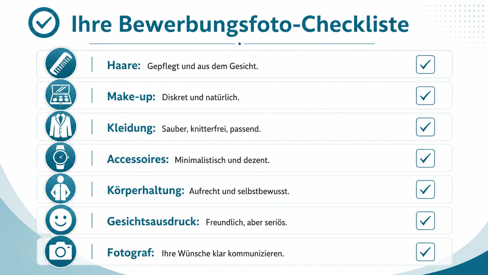 Eine Checkliste für perfekte Bewerbungsfotos mit Tipps zu Haaren, Make-up, Kleidung, Accessoires, Körperhaltung, Gesichtsausdruck und Fotograf.