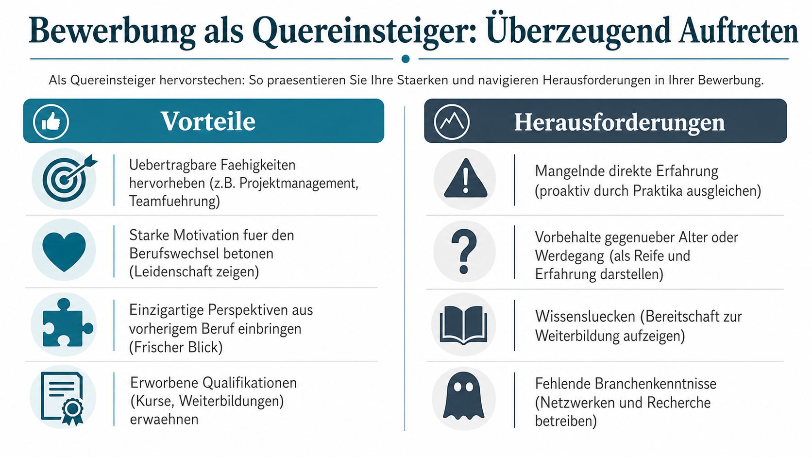 Eine Infografik mit Tipps für Quereinsteiger zur Gestaltung einer überzeugenden Bewerbung durch Stärken und Herausforderungen.