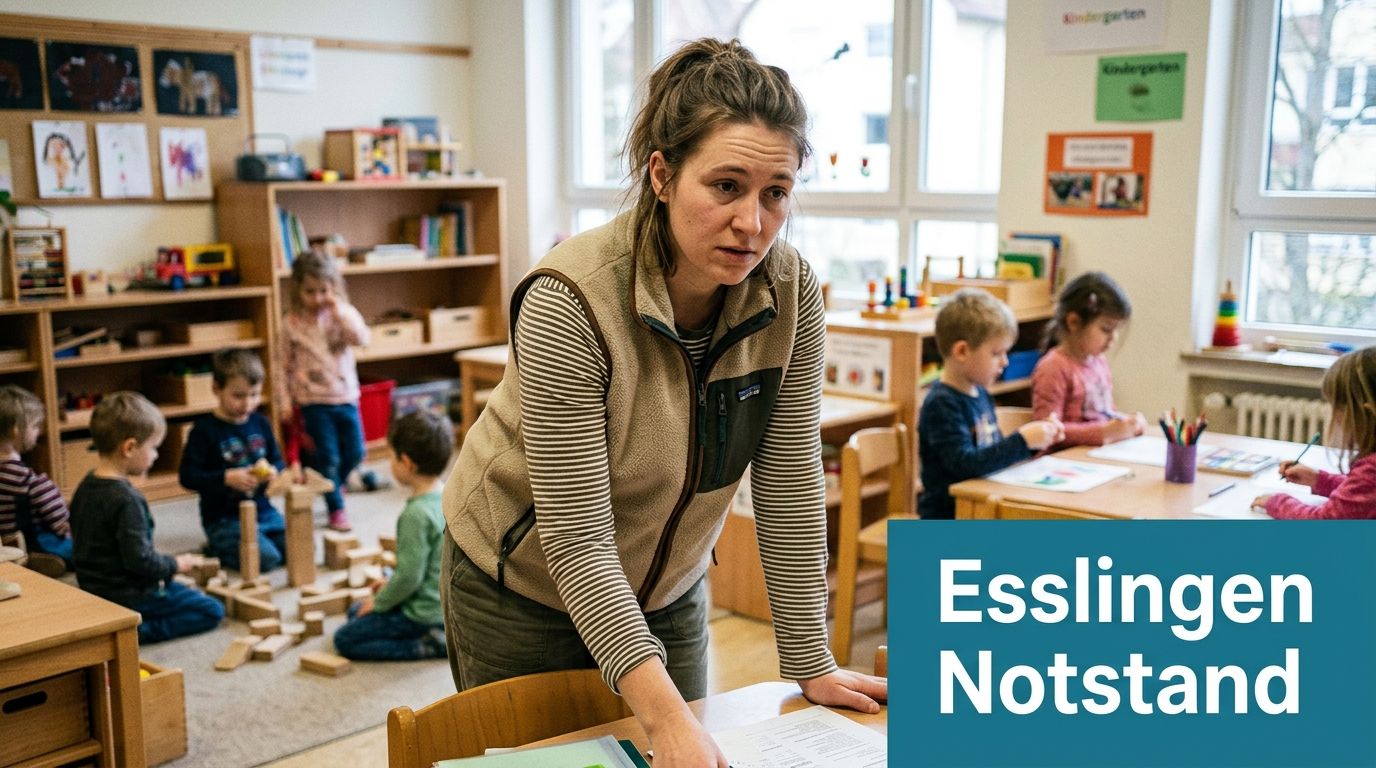 Eine Erzieherin steht in einem Kindergarten, während Kinder im Hintergrund spielen und an Tischen malen.