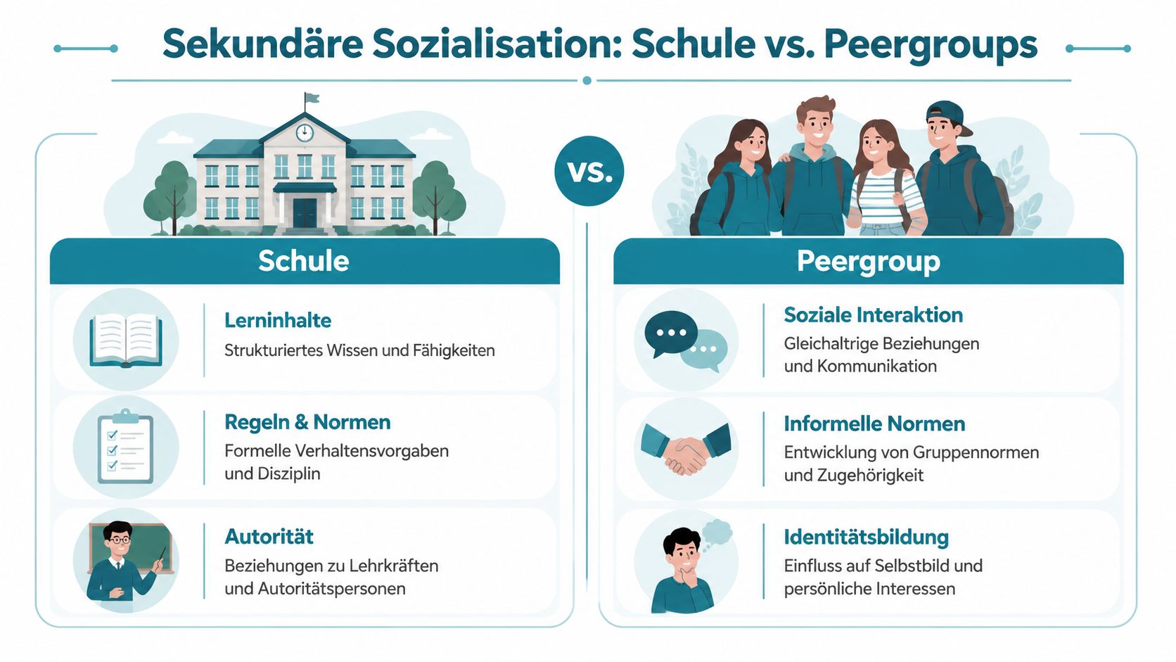 Grafik zum Vergleich von Schule und Peergroup als zwei zentrale Instanzen der sekundären Sozialisation von Kindern und Jugendlichen.