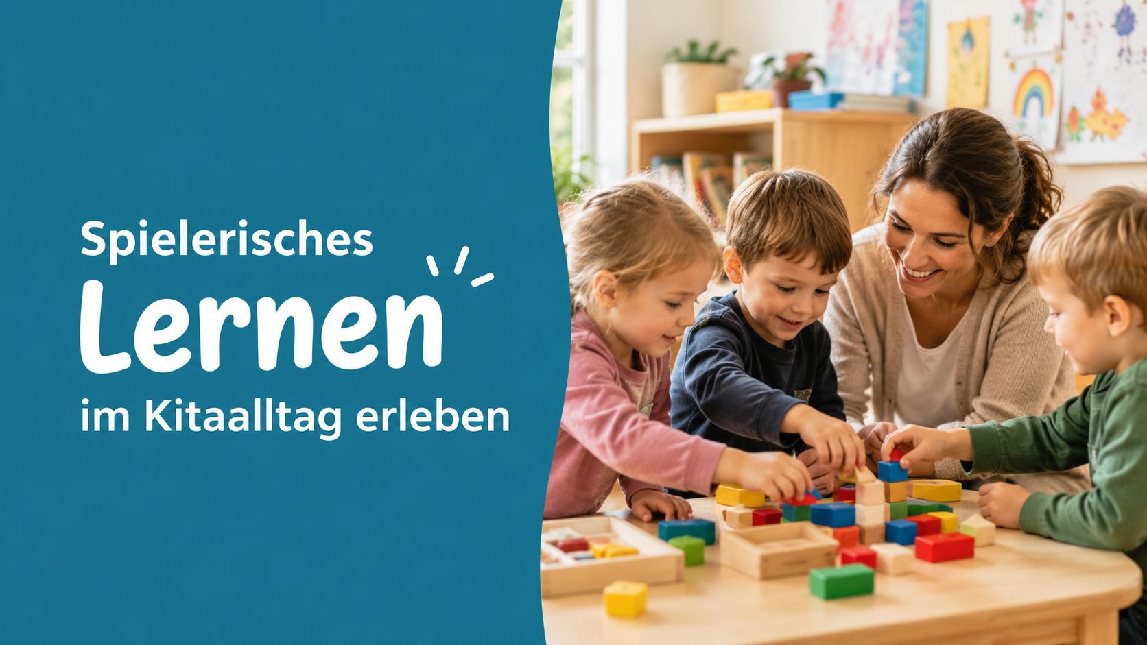 Eine Erzieherin spielt mit einer Gruppe kleiner Kinder im Kindergarten gemeinsam mit bunten Holzklötzen an einem Tisch.