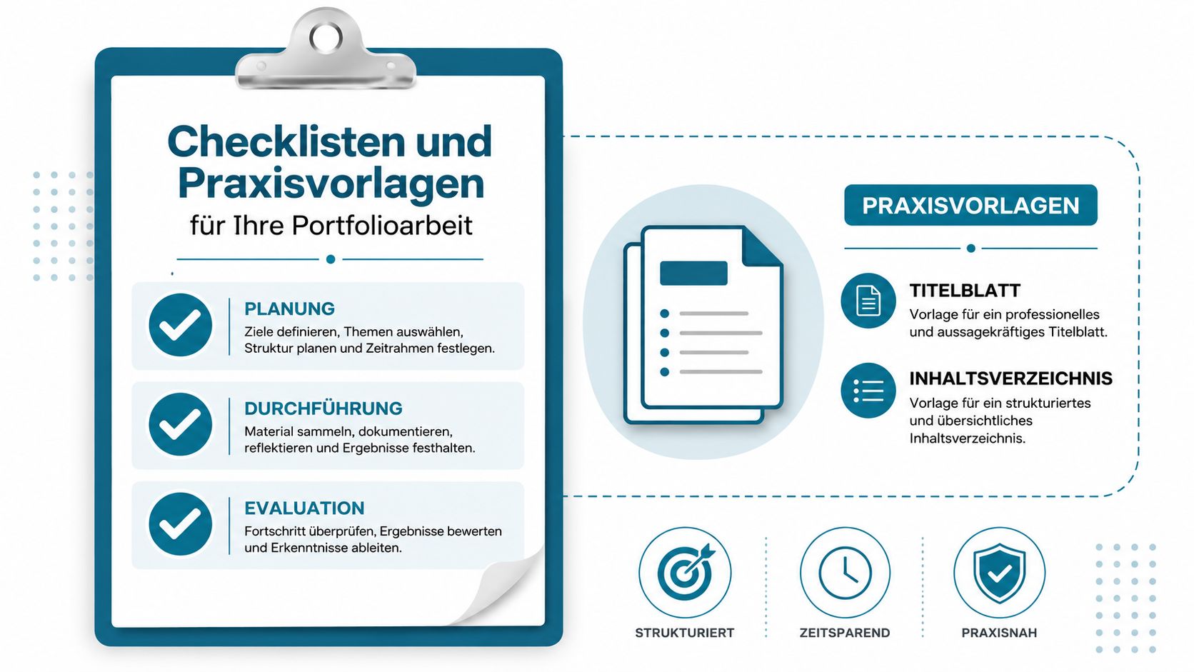 Eine Infografik mit Checklisten und Praxisvorlagen für die strukturierte Erstellung und Organisation einer Portfolioarbeit im Bildungskontext.