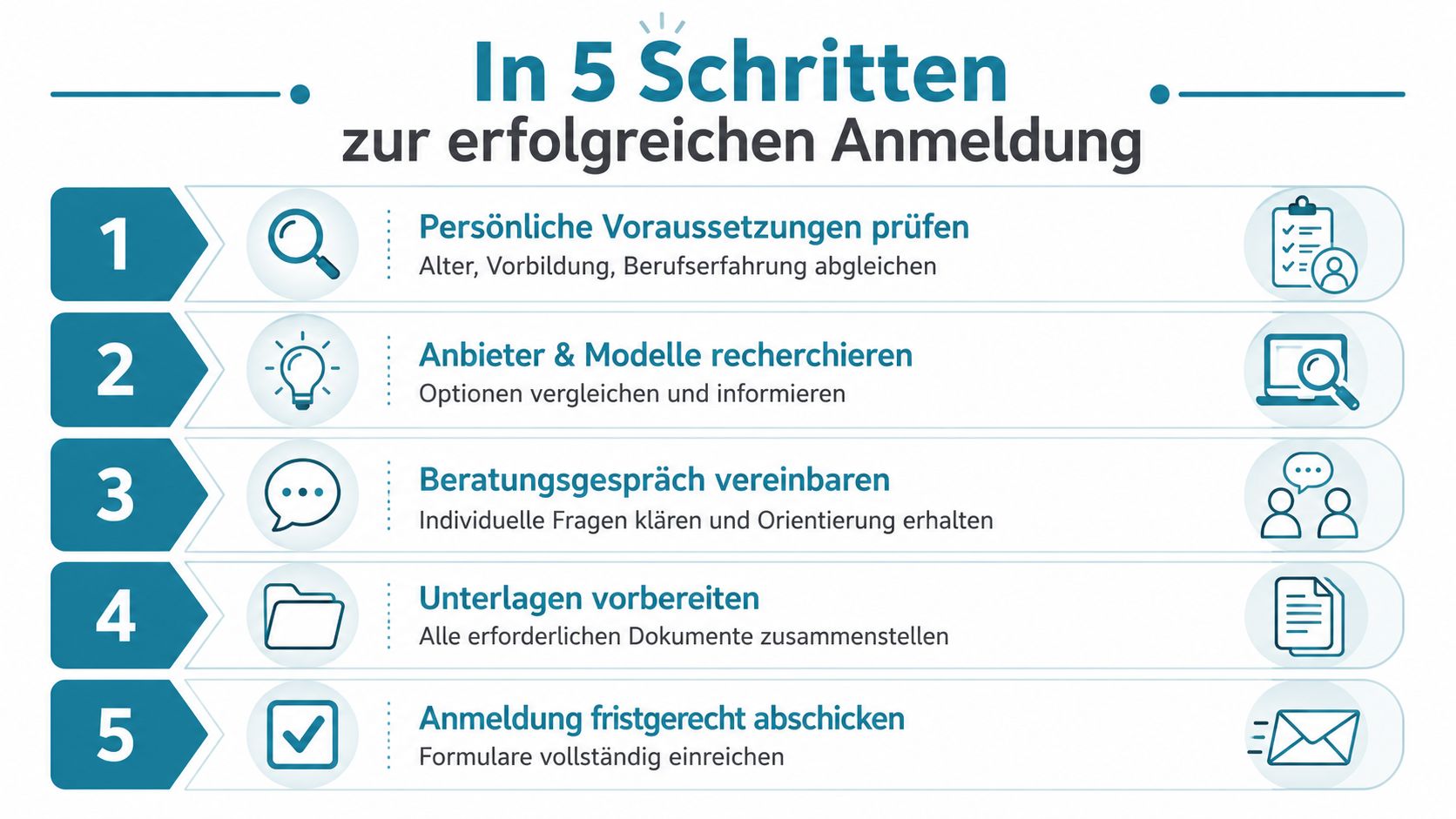 Infografik mit fünf Schritten für eine erfolgreiche Anmeldung zur pädagogischen Fachkraft in Baden-Württemberg.