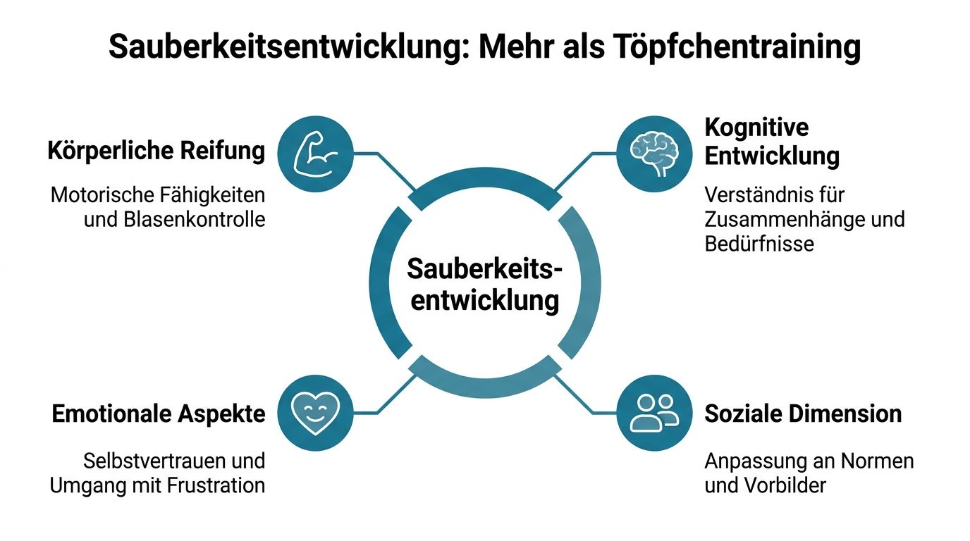 Eine Grafik zur Sauberkeitsentwicklung bei Kindern, die körperliche, kognitive, emotionale und soziale Entwicklungsaspekte veranschaulicht.