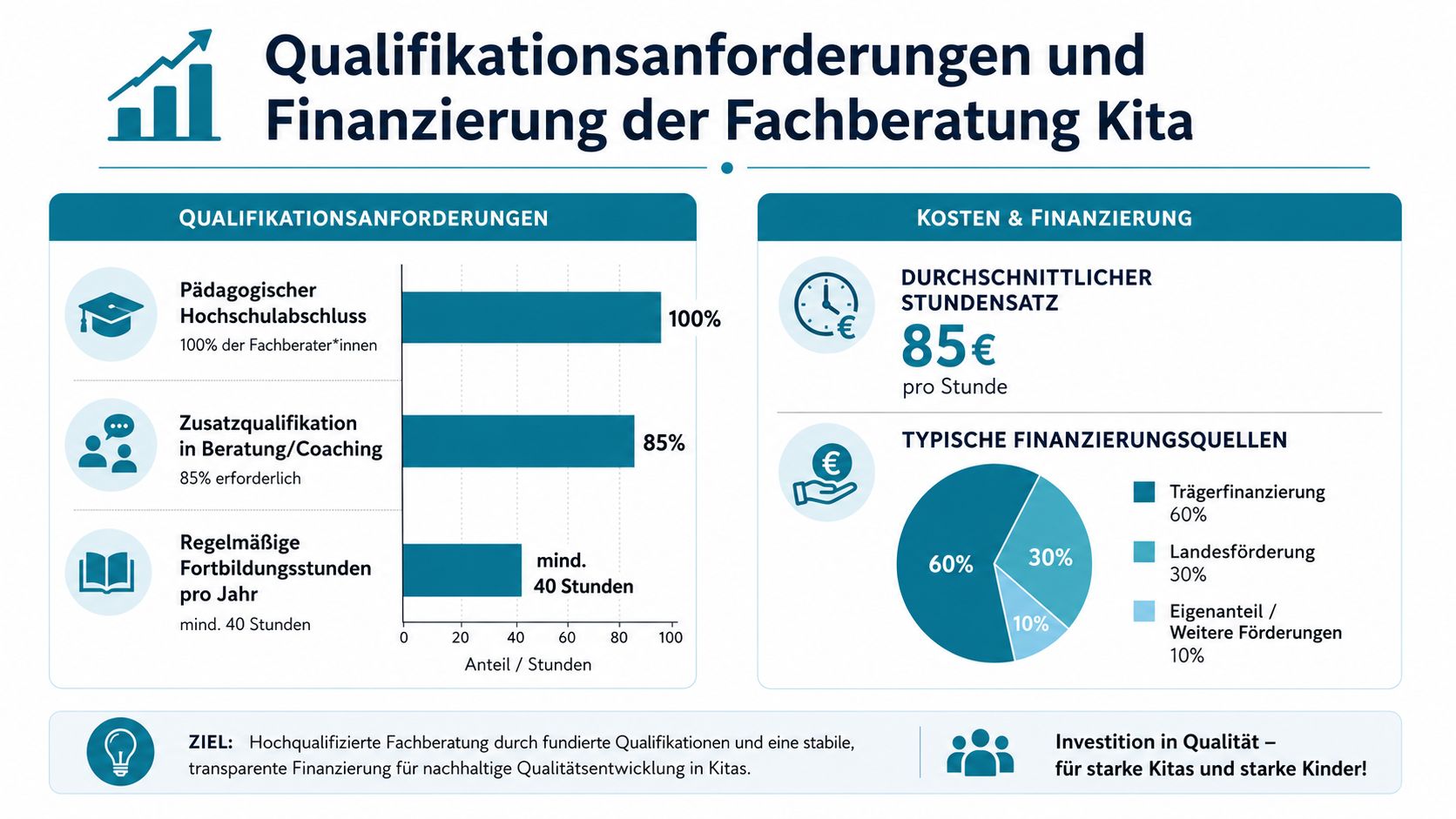 Infografik zu Qualifikationsanforderungen und Finanzierung der Fachberatung in Kindertageseinrichtungen mit Statistiken zu Ausbildung und Fördermitteln.