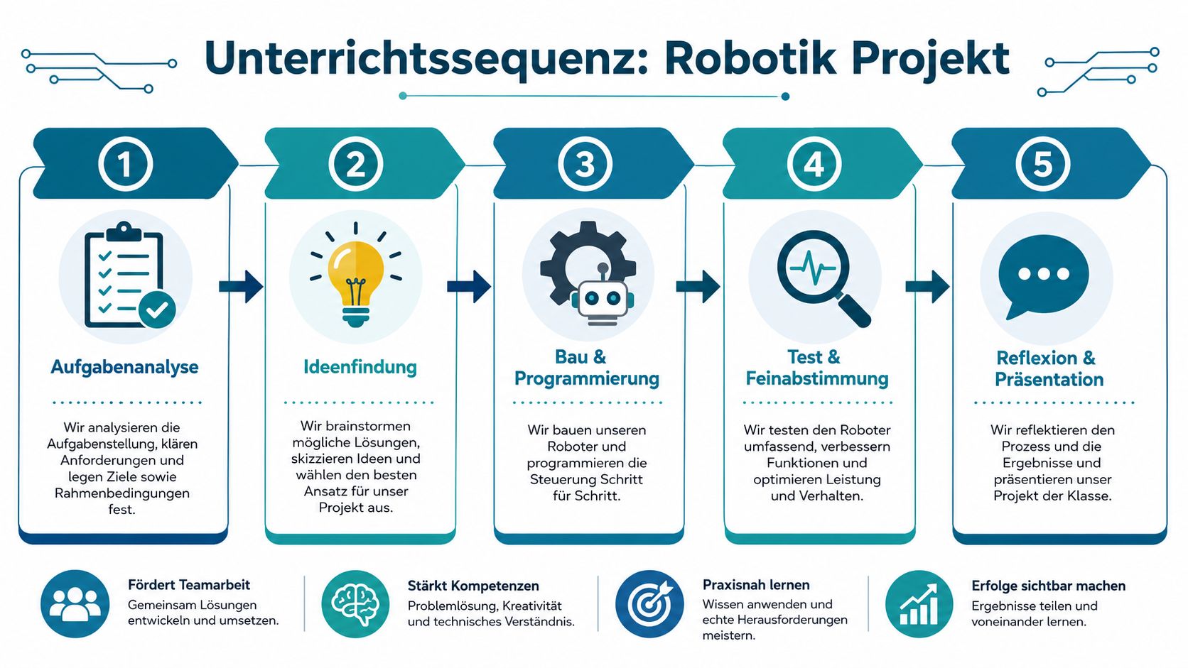 Eine fünfstufige Infografik für eine Unterrichtssequenz im Robotik Projekt, von der Aufgabenanalyse bis zur finalen Präsentation.