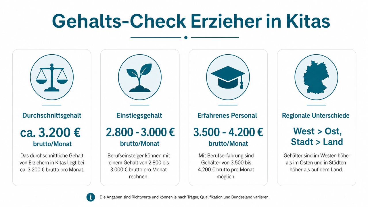 Infografik zum Gehalts-Check für Erzieher in Kitas mit Durchschnittswerten und regionalen Unterschieden in Deutschland.
