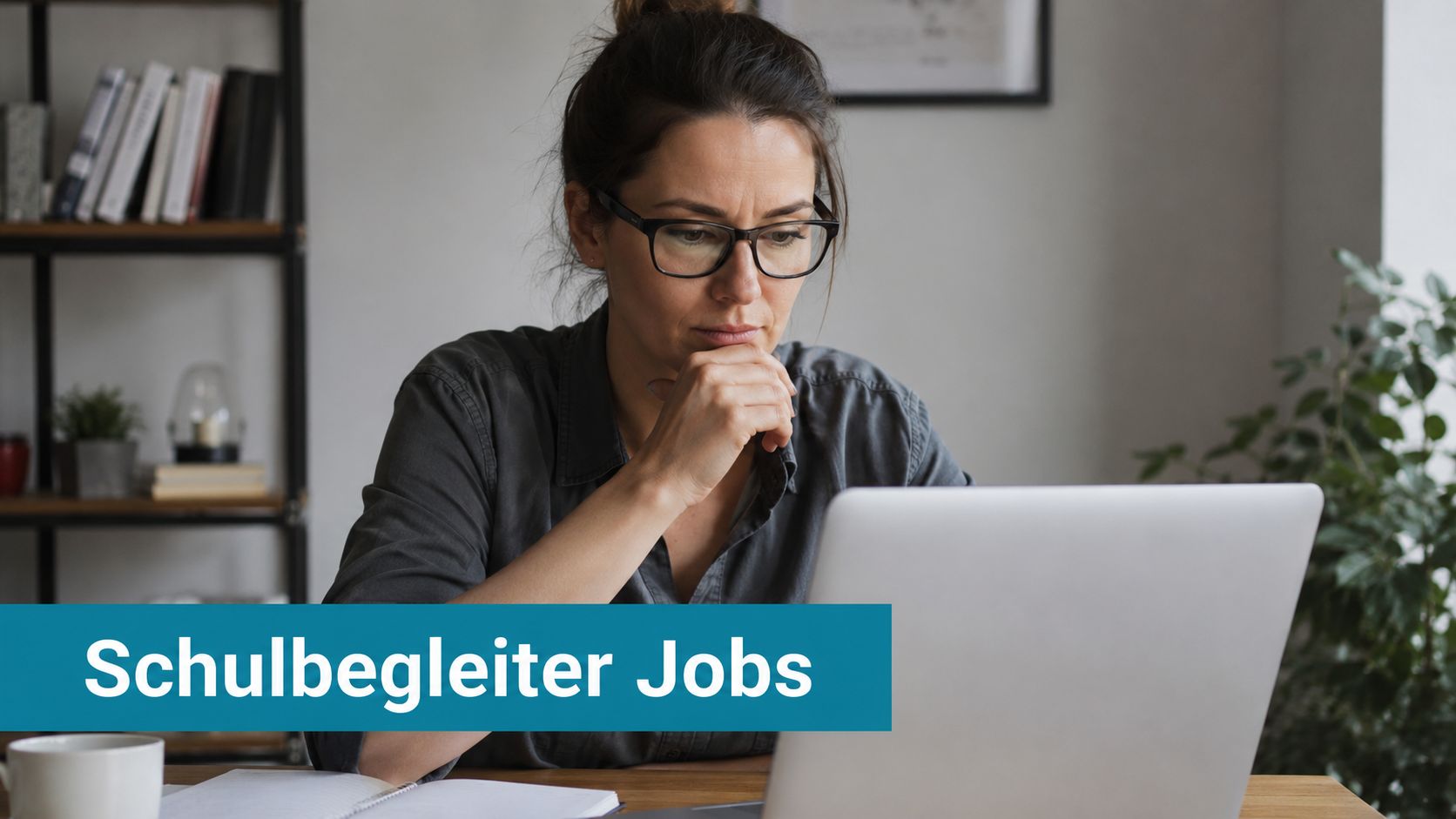 Eine konzentrierte Frau recherchiert an ihrem Laptop nach passenden Stellenangeboten als Schulbegleiterin in einem gemütlichen Homeoffice.