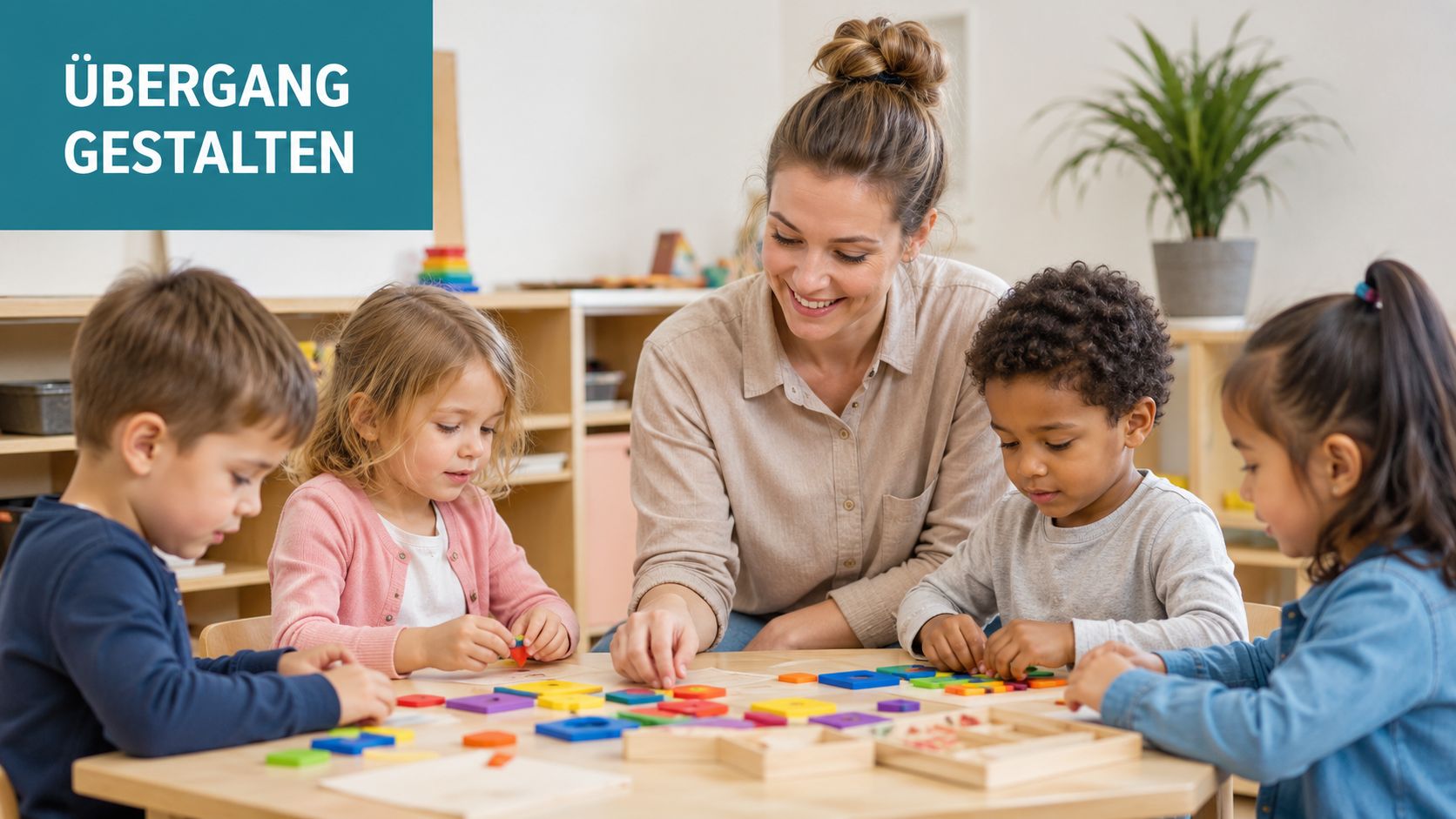 Eine Erzieherin spielt mit vier Kindern an einem Tisch mit bunten geometrischen Legeformen aus Holz.