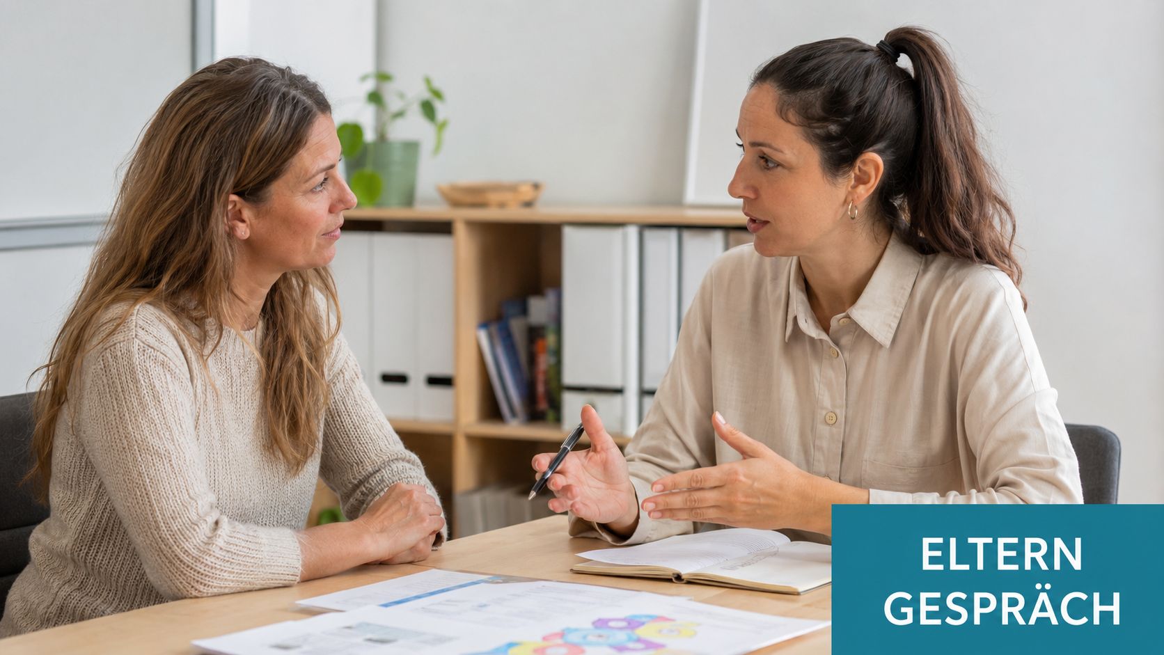 Zwei Frauen in einem professionellen Umfeld führen ein vertrauensvolles Beratungsgespräch an einem Schreibtisch.