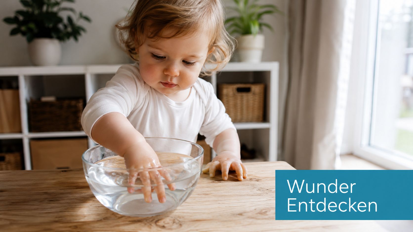 Ein kleines Kind spielt neugierig mit Wasser in einer Glasschüssel auf einem Holztisch beim Entdecken.