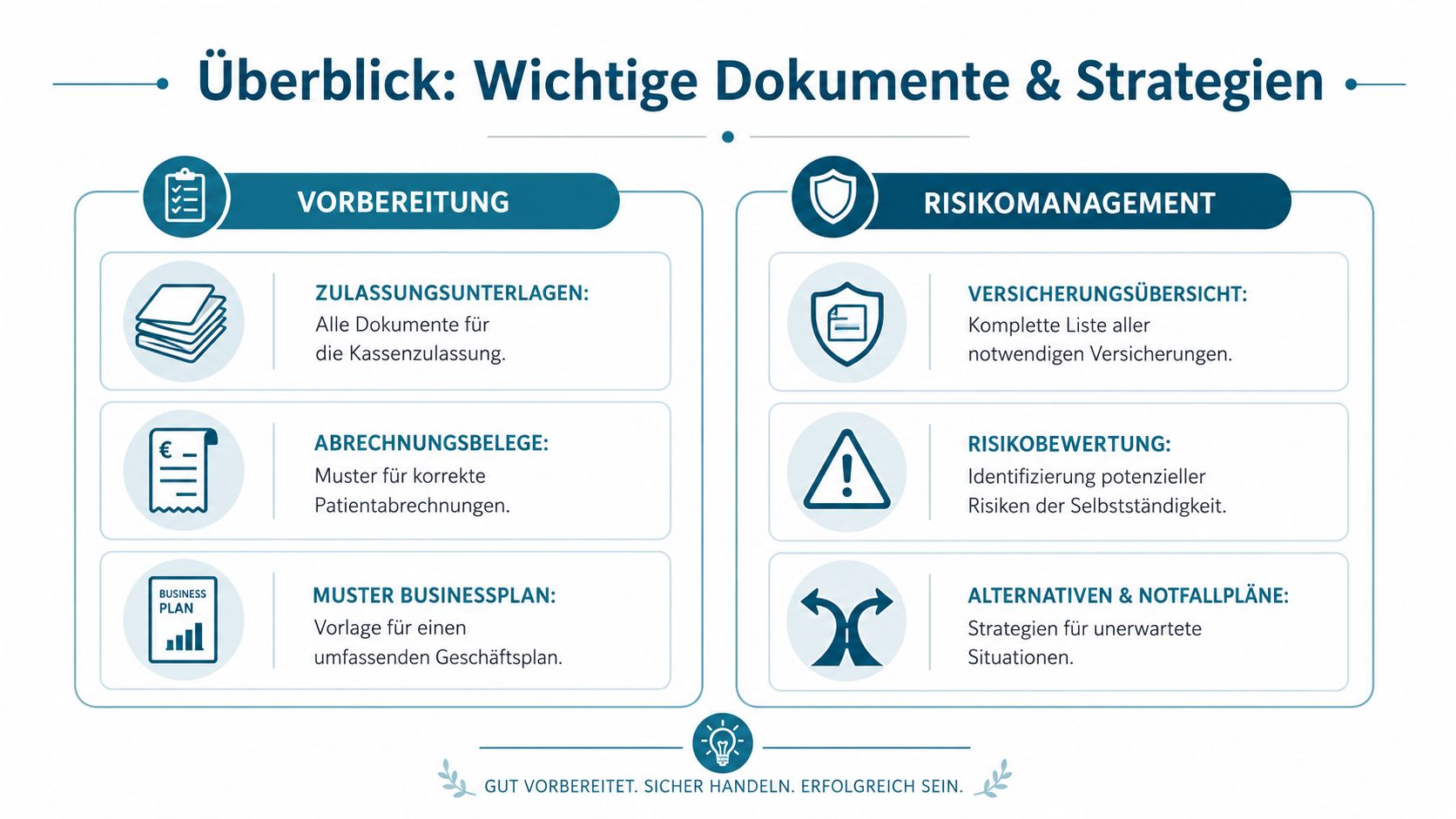 Übersicht zu Vorbereitung und Risikomanagement für eine erfolgreiche Gründung in der Ergotherapie mit wichtigen Dokumenten.