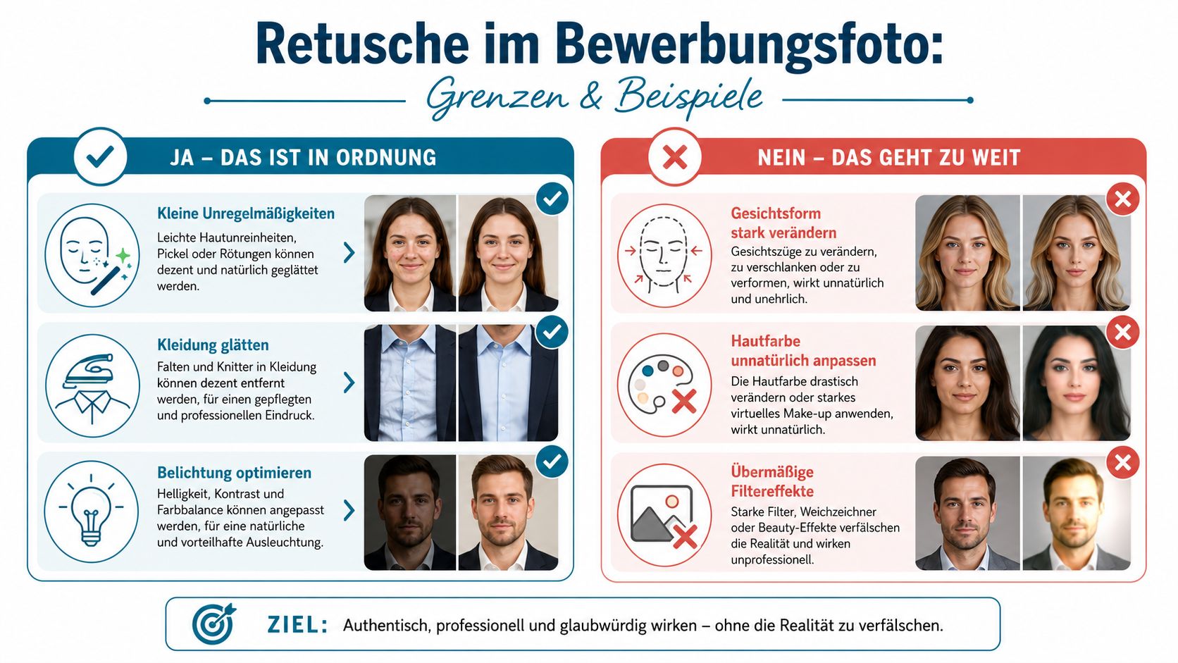 Infografik über die Grenzen der Bildbearbeitung bei professionellen Bewerbungsfotos mit Beispielen für erlaubte und verbotene Retuschen.
