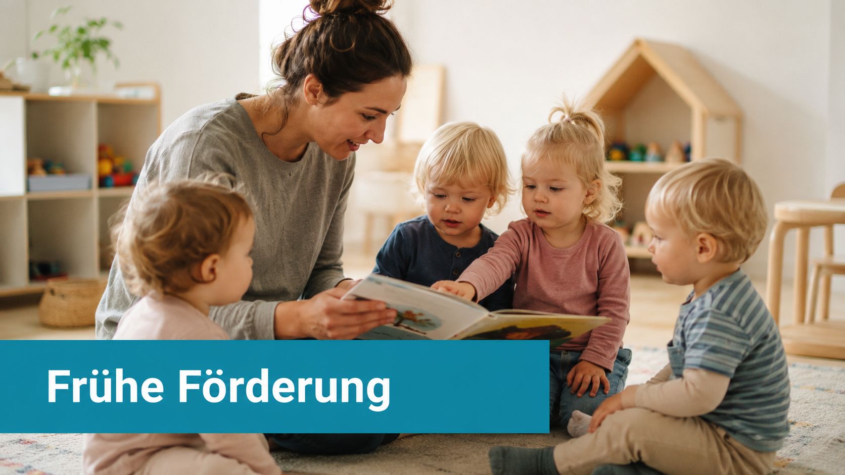 Eine Betreuerin liest einer Gruppe von kleinen Kindern in einem hellen, freundlichen Kindergarten eine Geschichte vor.