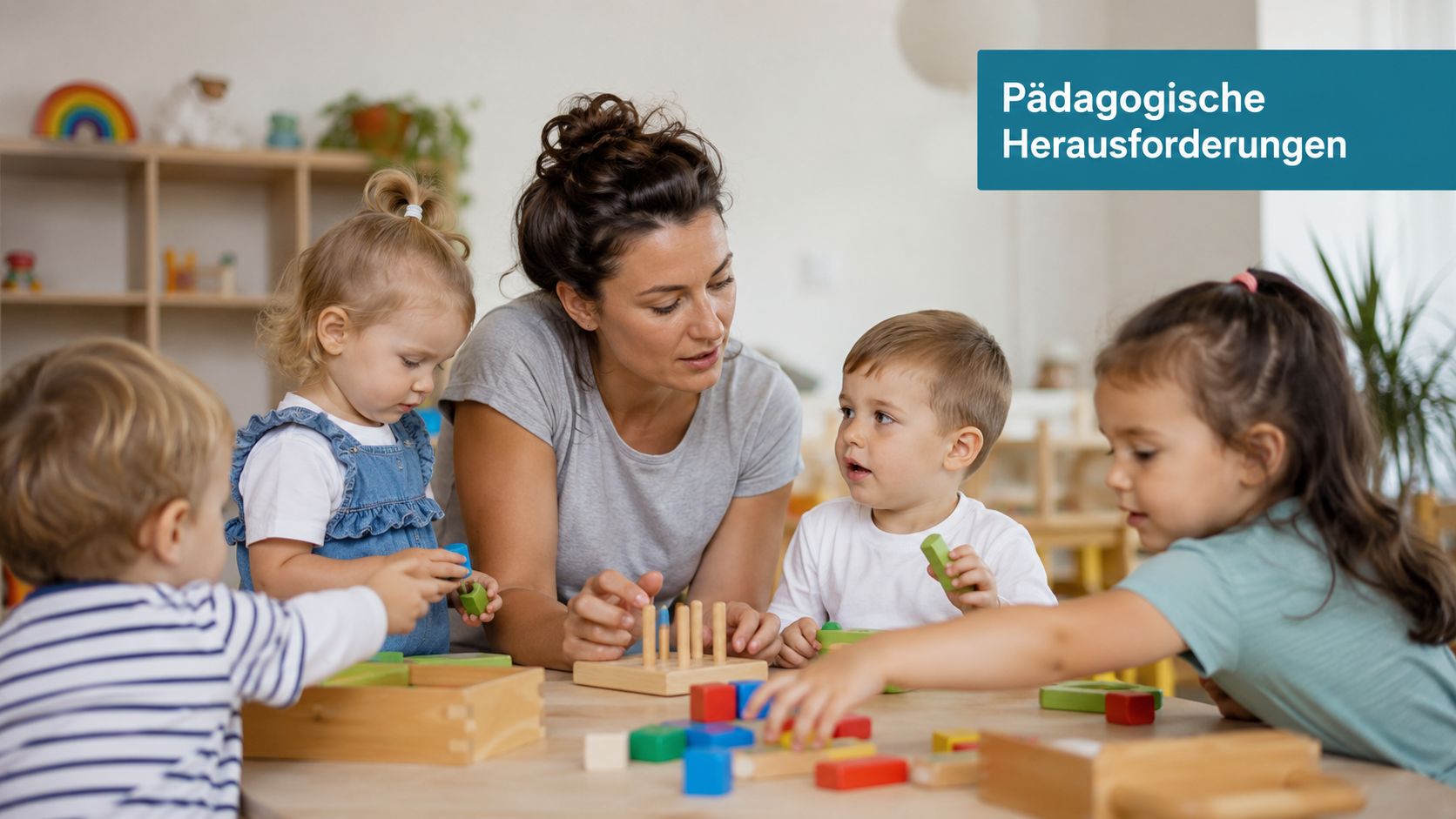 Eine Erzieherin spielt mit vier kleinen Kindern im Kindergarten zusammen an einem Holztisch mit Bausteinen.
