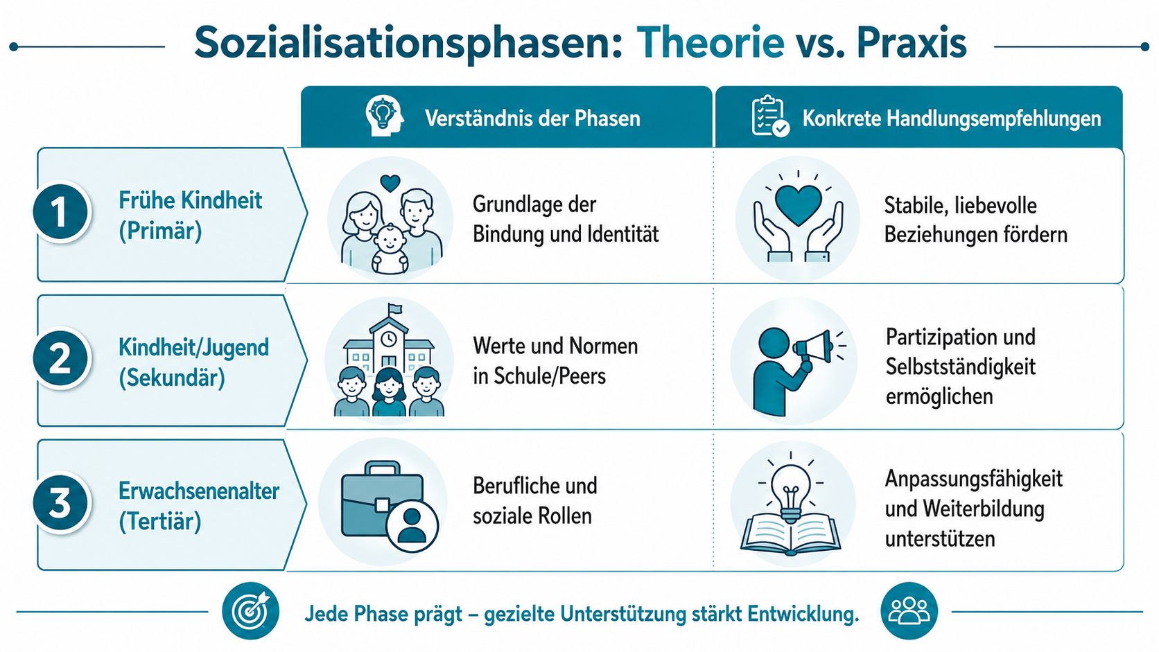 Eine Übersicht der drei Sozialisationsphasen: Primär, Sekundär und Tertiär mit theoretischem Hintergrund und praktischen Handlungsempfehlungen.