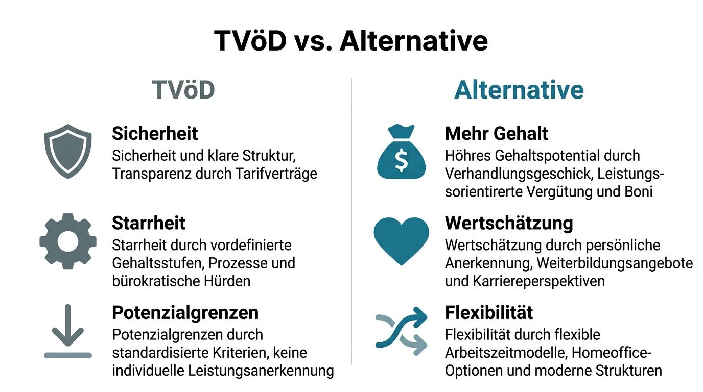 Vergleichsgrafik zwischen dem TVöD-Tarifvertrag und alternativen Beschäftigungsmodellen bezüglich Gehalt, Flexibilität und beruflicher Entwicklung.