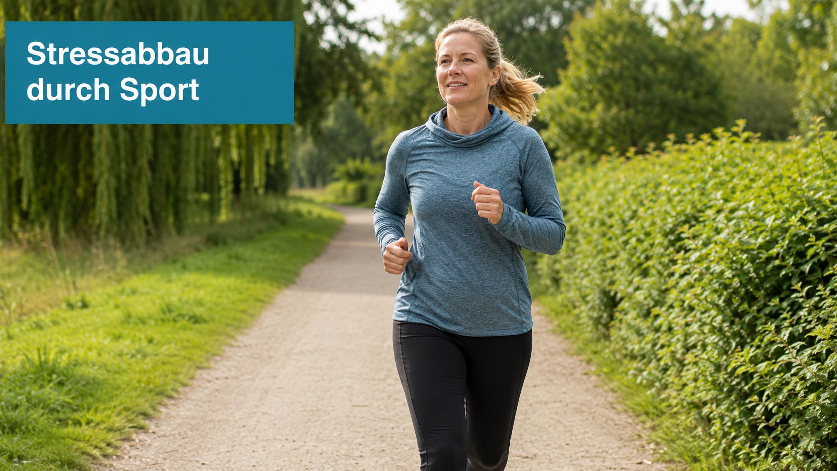 Eine Frau läuft entspannt auf einem Weg im Freien, um Stress abzubauen und ihre Gesundheit zu verbessern.