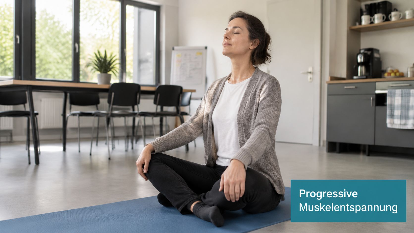 Eine Frau in Alltagskleidung sitzt auf einer Yogamatte im Büro und praktiziert entspannende progressive Muskelentspannung.