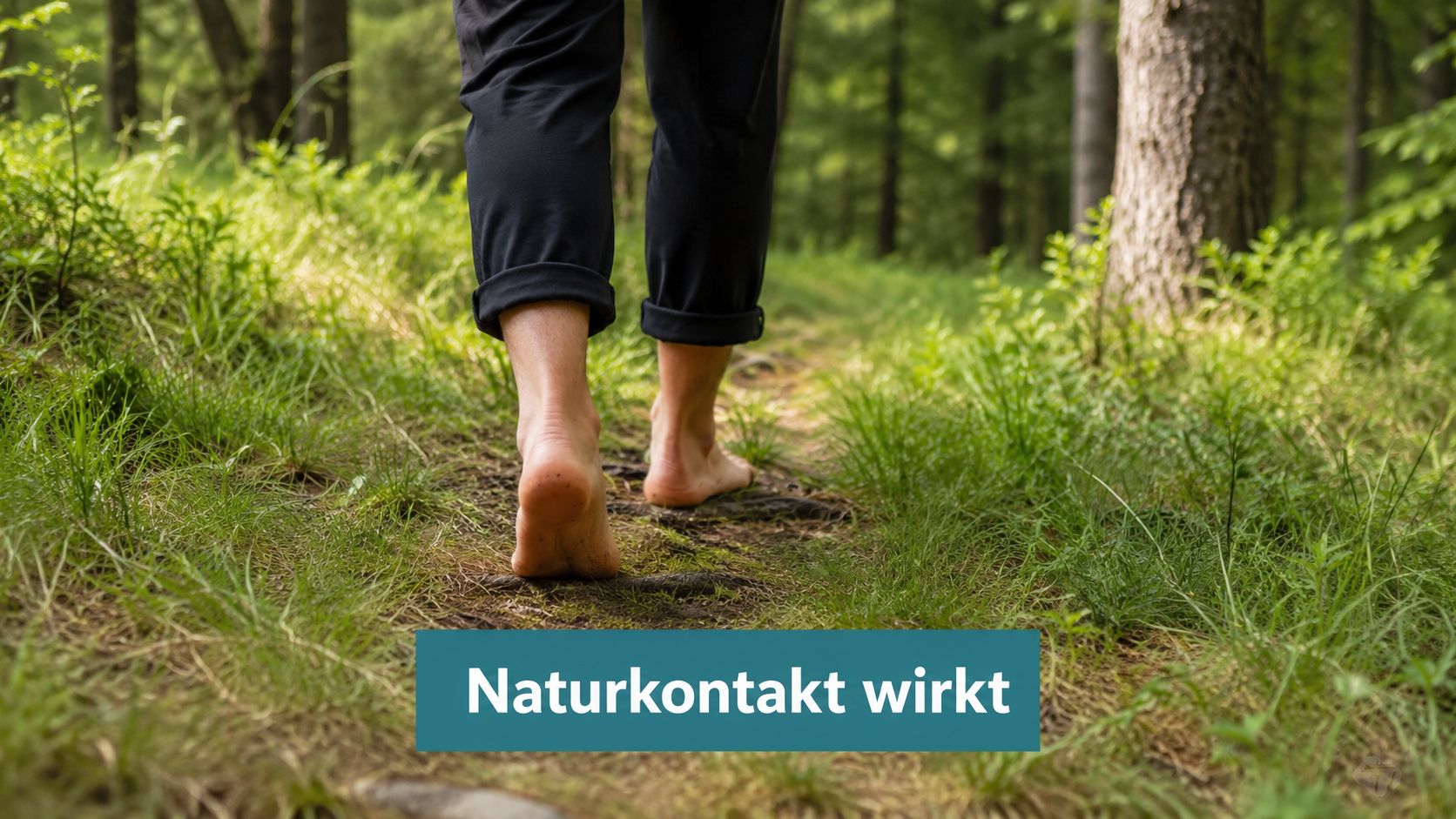 Eine Person geht barfuß auf einem Waldweg, was Entspannung und eine tiefe Verbindung zur Natur symbolisiert.