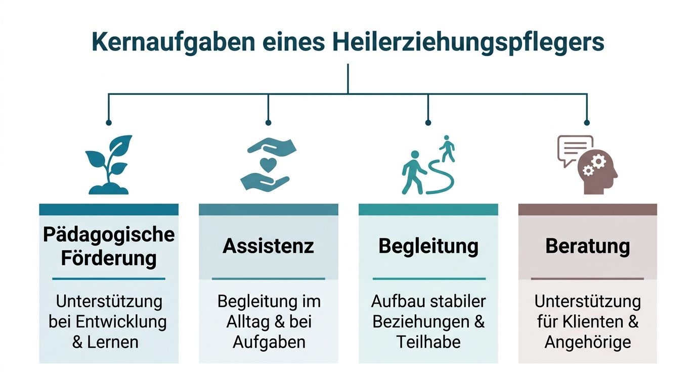 Übersichtsgrafik der vier Kernaufgaben eines Heilerziehungspflegers: Pädagogische Förderung, Assistenz, Begleitung und Beratung im sozialen Bereich.