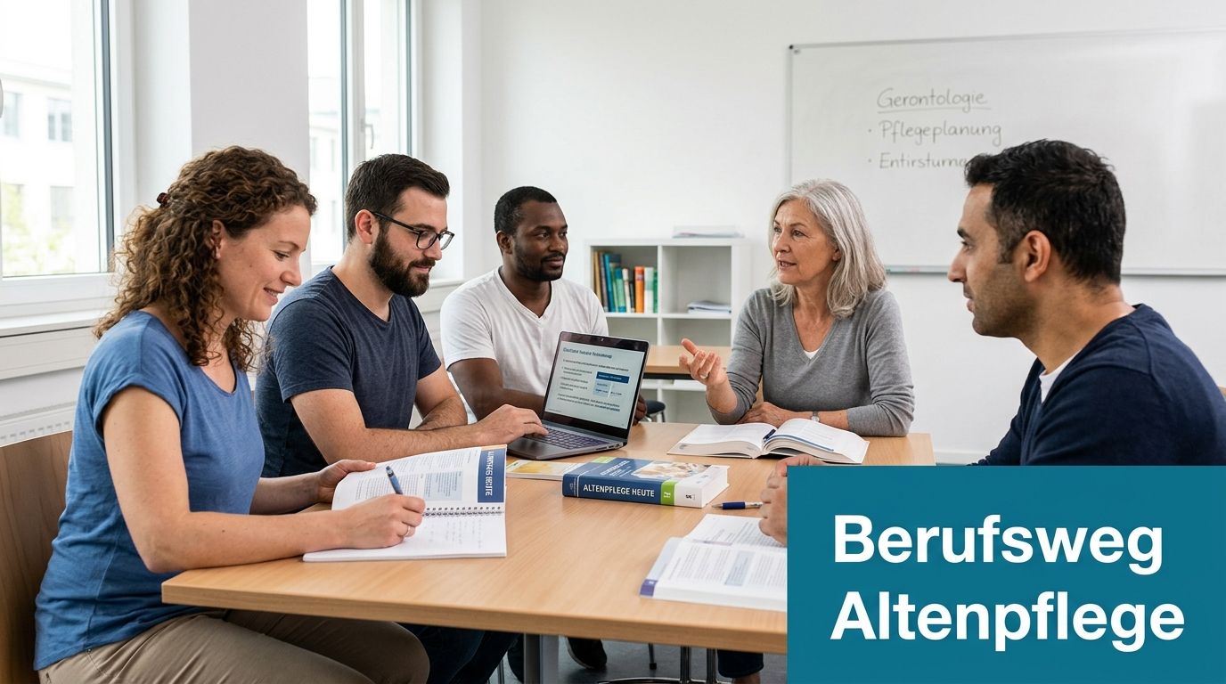 Eine Gruppe vielfältiger Menschen studiert gemeinsam an einem Tisch in einem modernen Seminarraum für Altenpflegeausbildung.