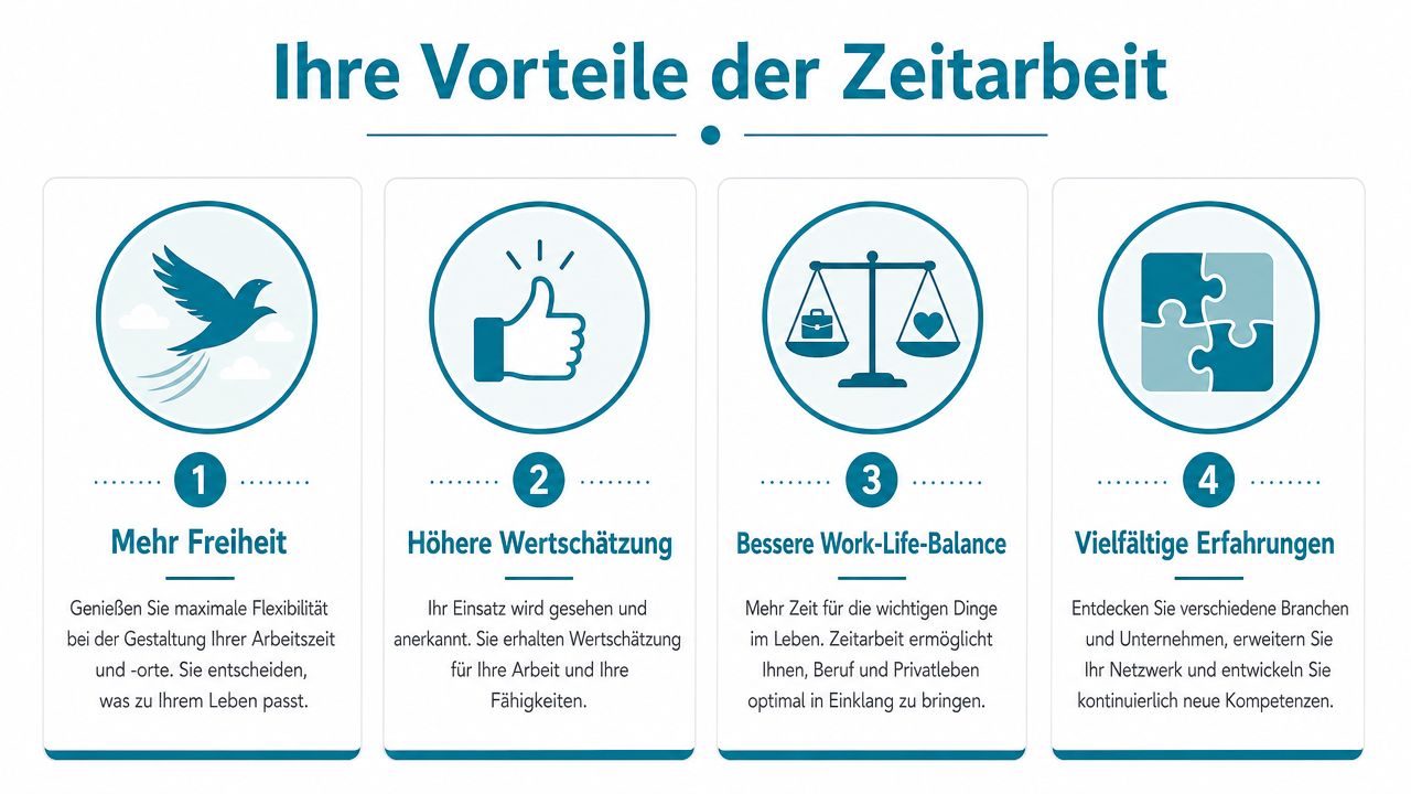 Infografik zeigt die vier Vorteile von Zeitarbeit: Mehr Freiheit, Wertschätzung, Work-Life-Balance und vielfältige berufliche Erfahrungen.