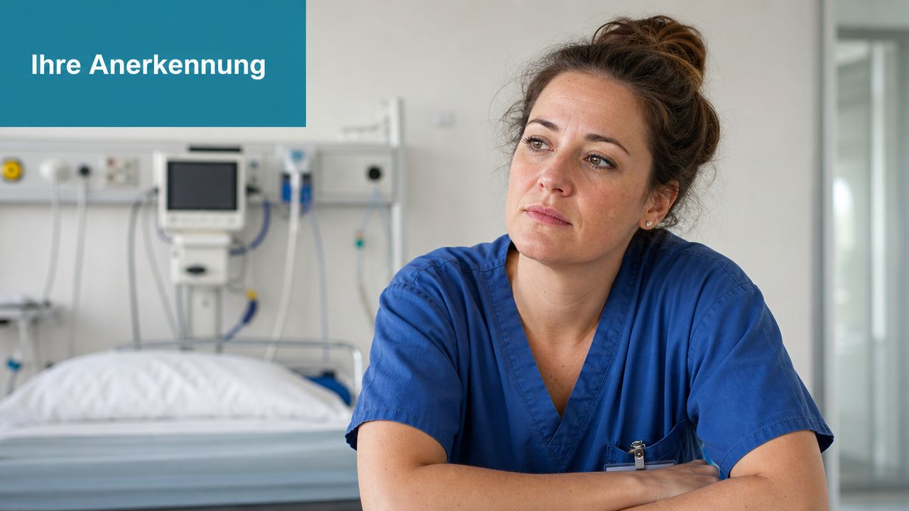 Eine nachdenkliche Pflegekraft in blauer Arbeitskleidung steht vor einem Krankenhausbett in einer modernen medizinischen Einrichtung.