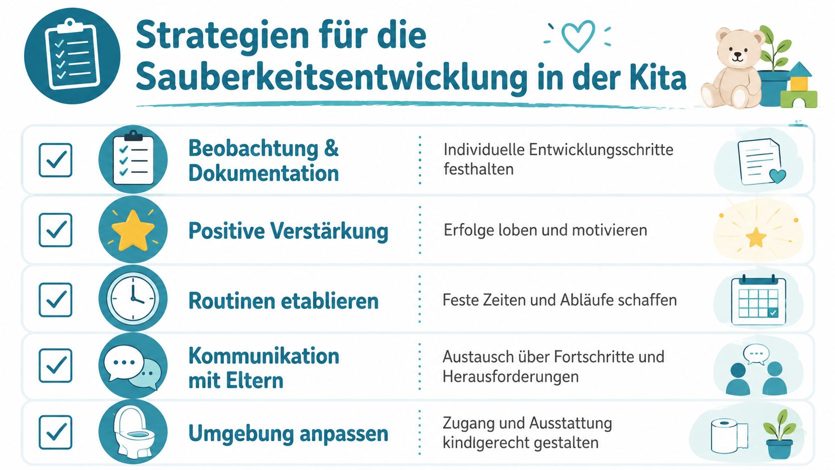 Infografik mit fünf Strategien zur Förderung der Sauberkeitsentwicklung bei Kleinkindern in Kindertagesstätten.